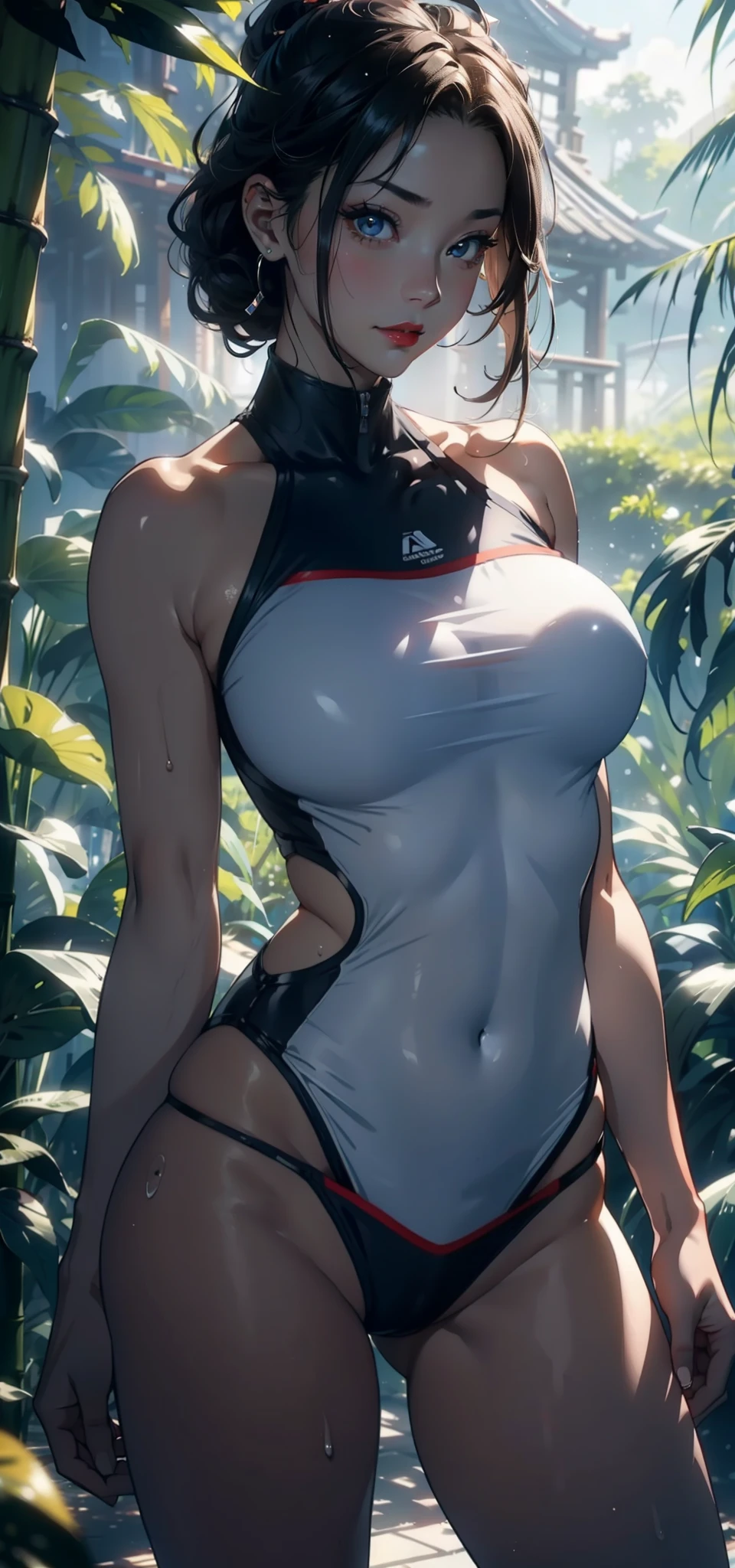 1female，36 years old，熟妇，Bigchest，Pornographic exposure， 独奏，（Background with：bamboo forrest，basketball playground） She has very short blonde hair，bobo head，standing on your feet，Sweat profusely，drenched all over the body，seen from the front， hair straight， mostly cloudy sky，（（（tmasterpiece），（Very detailed CG unity 8K wallpaper），best qualtiy，cinmatic lighting，detailed back ground，beatiful detailed eyes，Bright pupils，（Very fine and beautiful），（Beautiful and detailed eye description），Black eyes，Redlip，ultra - detailed，tmasterpiece，）），facing at camera，（The upper part of the body），A high resolution，ultra - detailed），showing midriff，revealing breasts，Bare genitalia，  Bulge，legs are open，sexyposture，Camel toes，Flushed complexion，ssmile，frontage，cropped shoulders，（Wearing：Sexy transparent one-piece sportswear set，athletic sneakers）