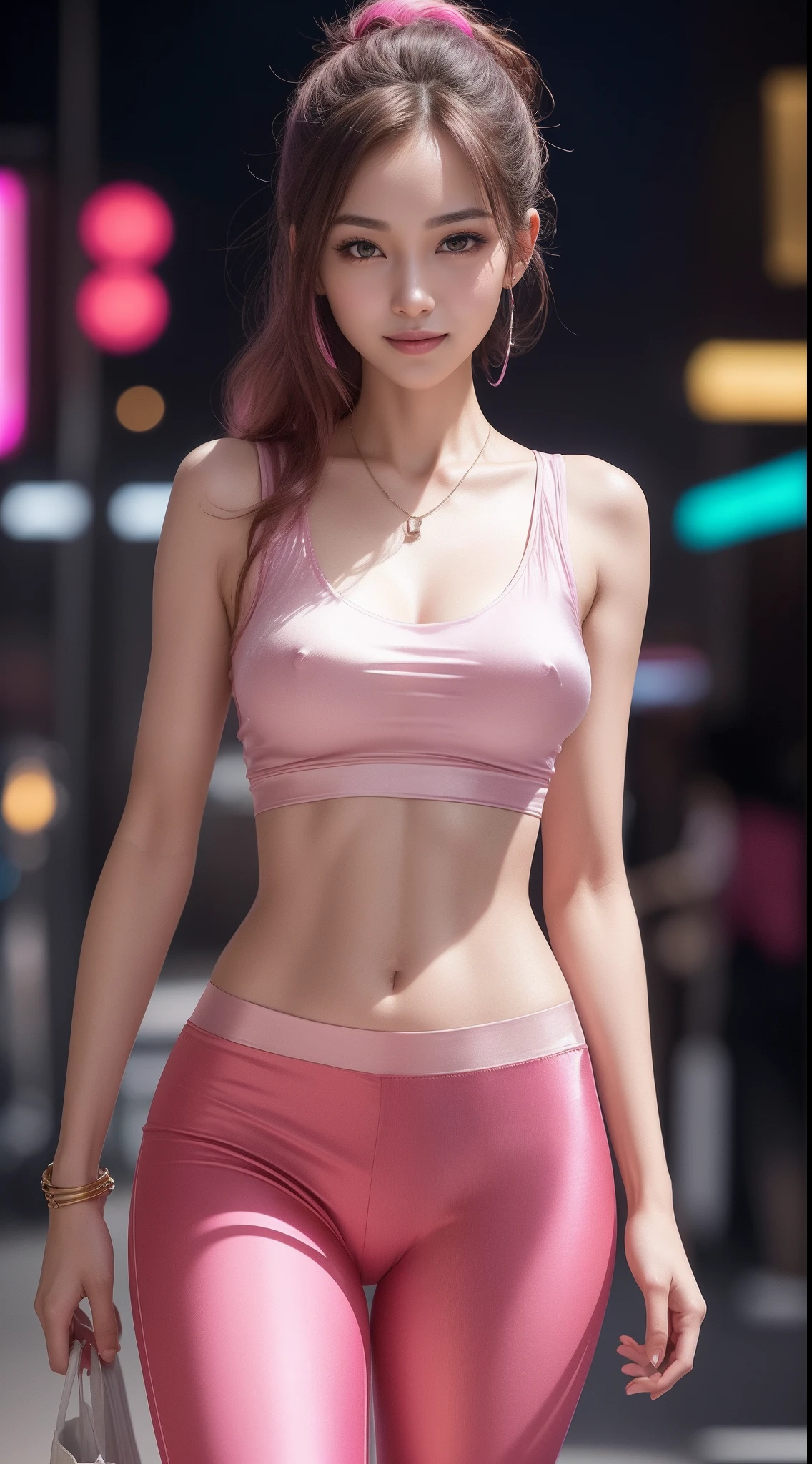 8k, masterpiece, RAW photo, best quality, photorealistic, extremely detailed CG unity 8k wallpaper, Depth of field, Cinematic Light, Lens Flare, Ray tracing, (extremely beautiful face, beautiful lips, beautiful eyes), intricate detail face, ((ultra detailed skin)) 1girl, in the dark, deep shadow, pretty korean girl, kpop idol, 1 girl, (very slim slender fit-muscled body:1.3), ((looking at viewer)),(big smile:1.3), (tight laced blouse), (hot pink color blouse), (sleeveless) , (fashion city night, dark night, (neon sign), (blurred background), fashion street night),(without people in the background:1.3), beautiful earrings, bracelets, necklace, pantyhose, clear eyes, (pale skin), (big eyes), face forward, ((upper body shot)), ((silk hot pink color pants:1.3)),(brown hairs),((tight fitting silk pants)), (looking at viewer:1.3) open breast, very slim, medium breasts, see through, transparent pants, pony tail, updo hair, ((camel toe))