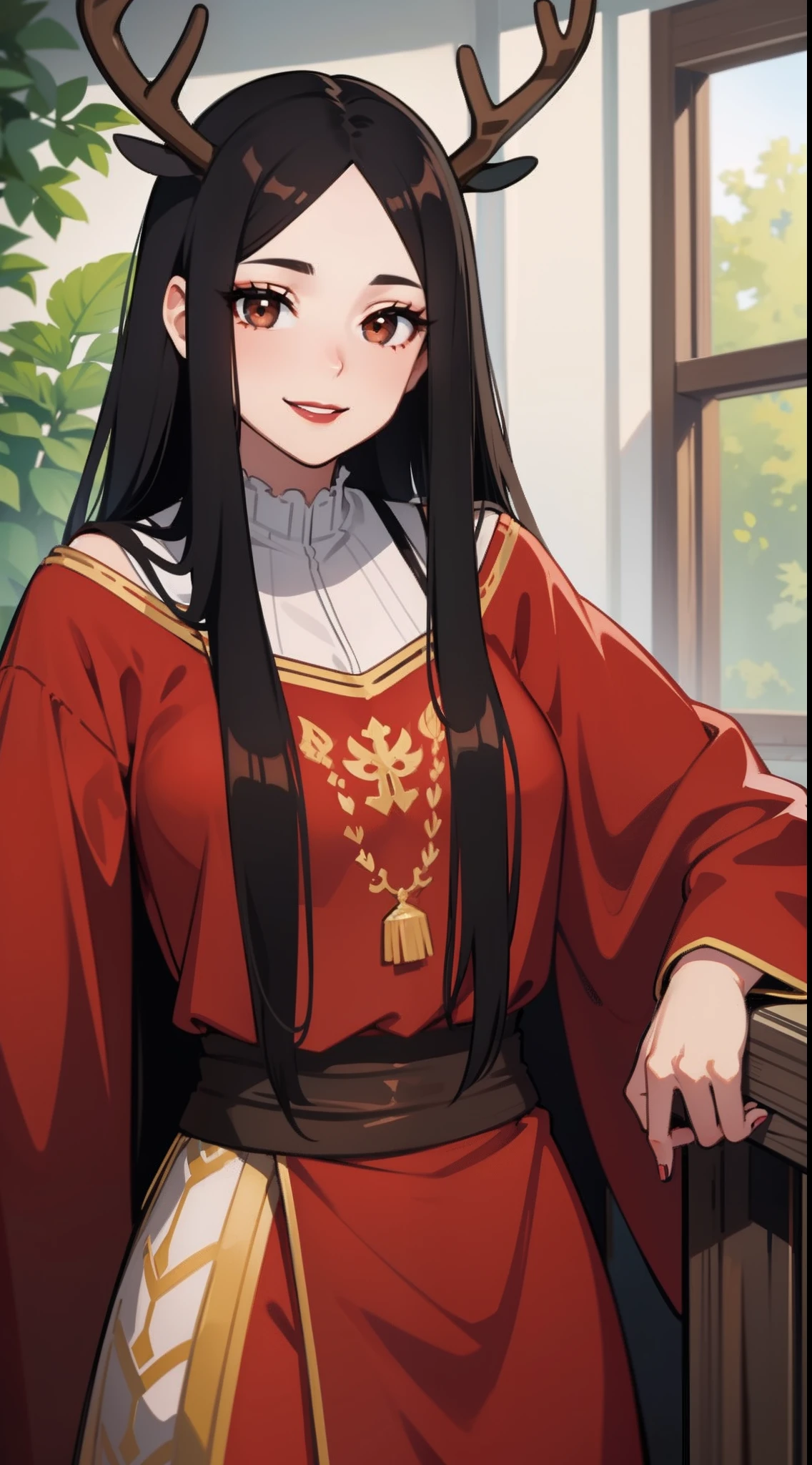 Adult woman, Long black hair, Deer antlers, Brown eyes, Lush breasts, Russian peasant clothing, red lipstick, Smile, Masterpiece, hiquality