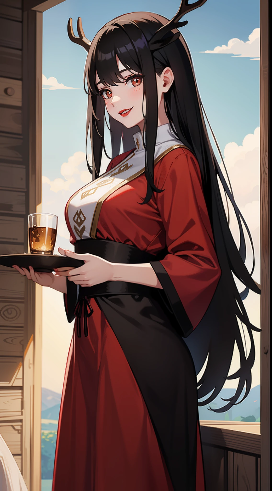Adult woman, Long black hair, Deer antlers, Brown eyes, Lush breasts, Russian peasant clothing, red lipstick, Smile, Masterpiece, hiquality