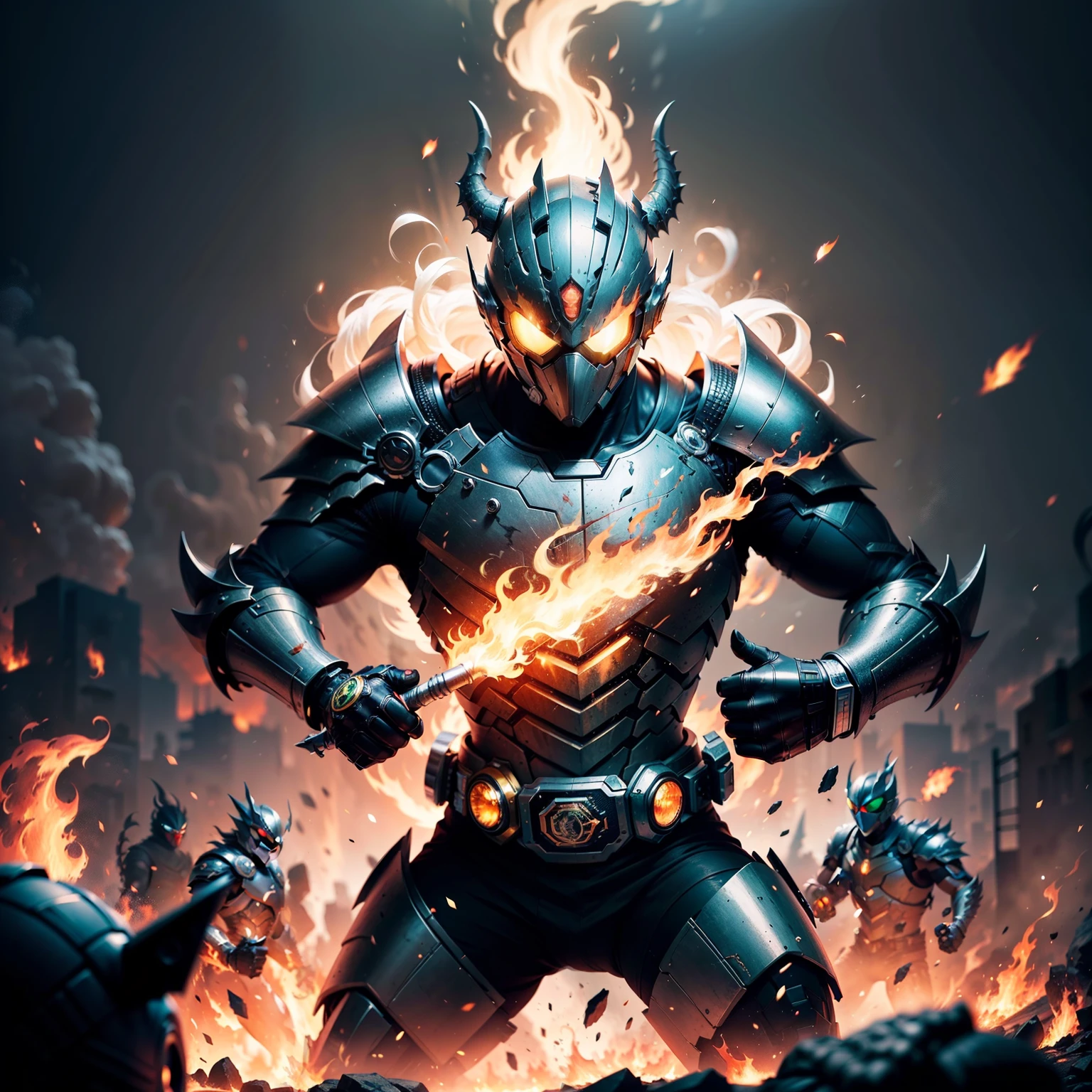 （tmasterpiece），（best qualtiy），（Detail 1.4），（HD8K），（The best wallpapers），(Kamen Rider），Dragon Knight，（A martial artist wearing a black dragon mask），（Normal human anatomy），（Normal human proportions），（Mechanized armor），（（Surrounded by flames）），（Full of domineering fighting stance），（particle fx），（Light and shadow details），（（fully body photo）），