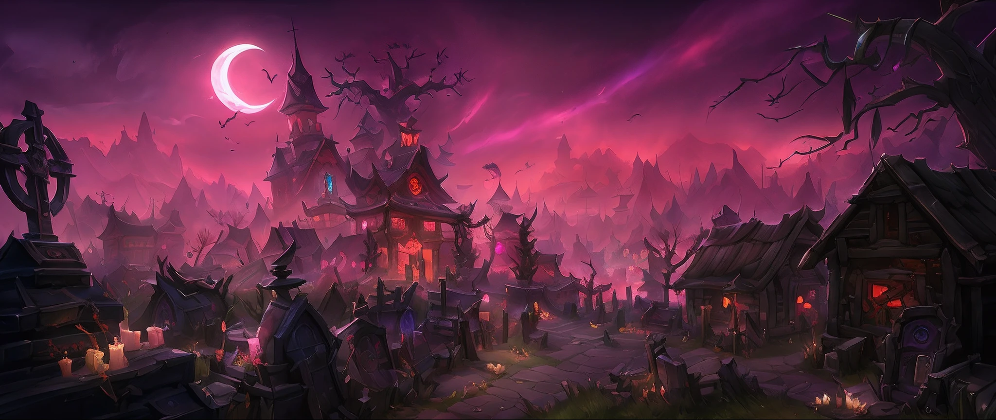 Araffed Cemetery，At night there are cemeteries and cemetery houses, hearthstone concept art, scary magical background, Blizzard Hearthstone concept art, world of warcraft art style, Fantasy Hearthstone art style, halloween atmosphere, background artwork, graveyard background, Hearthstone card game artwork. ”, nightime village background, hearthstone art style, hearthstone art, world of warcraft concept art, hearthstone art style