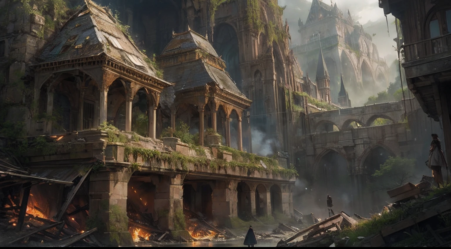 "(by Greg Rutkowski: 1.2), (masterpiece), (best quality), extremely delicate and beautiful, illustration, (fantasy landscape), depth of field, HDR, intricate, delicate, (No human presence), photorealistic depiction, live action feel, creating a visual masterpiece with the best possible quality. (Highlighting the fantastic elements of dwarven city, emphasizing the effects of collapse and severe weathering). Providing a distant view that captures the grandeur and atmosphere."