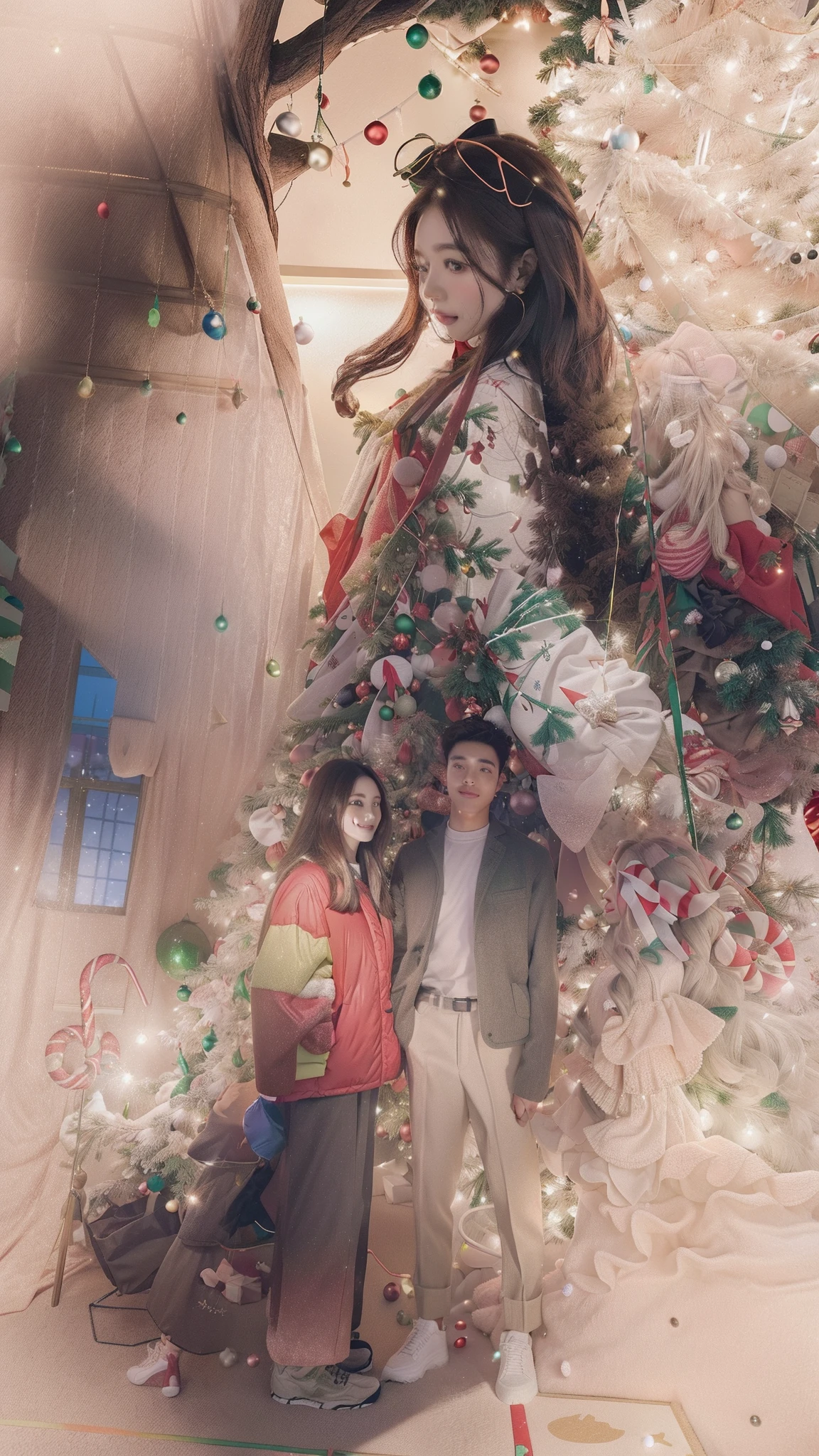there are two people standing next to a christmas tree with a kite, profile pic, octa 8k, photo taken in 2 0 2 0, profile image, 8k)), in a candy forest! at night, happy!!!, 🌲🌌, night!, with a tall tree, profile picture, with ivy, 😭 🤮 💕 🎀