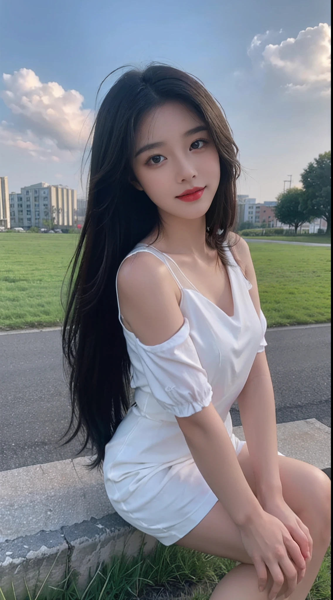 ((Best Quality, 8K, Masterpiece:1.3)), A beautiful girl, pure, melon face, gentle and cute, sweet smile, pure desire, thin figure, (frontal), (tilted head), looking directly at the camera, uniform, obi, formal, black silky long straight hair, long hair flowing over the shoulders, round black big eyes, clear big eyes, moist red lips, sweet, sitting on the side of the road, blue sky and white clouds, grass, buildings,