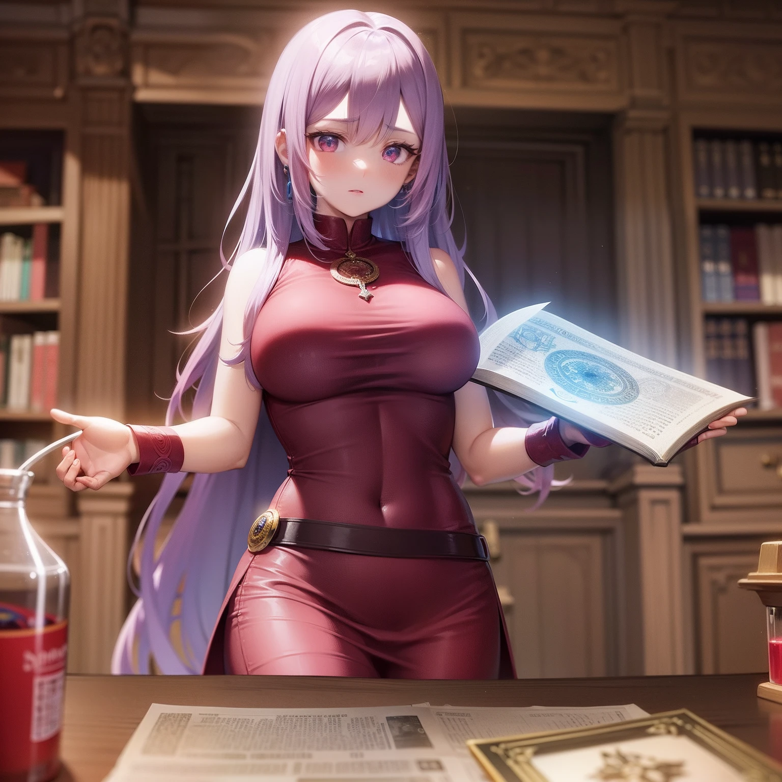 Imposing and powerful magical alchemist, Making Red Potions in Your Lab with Holographic Magic Circles. Table full of papers and books scattered in the background.l