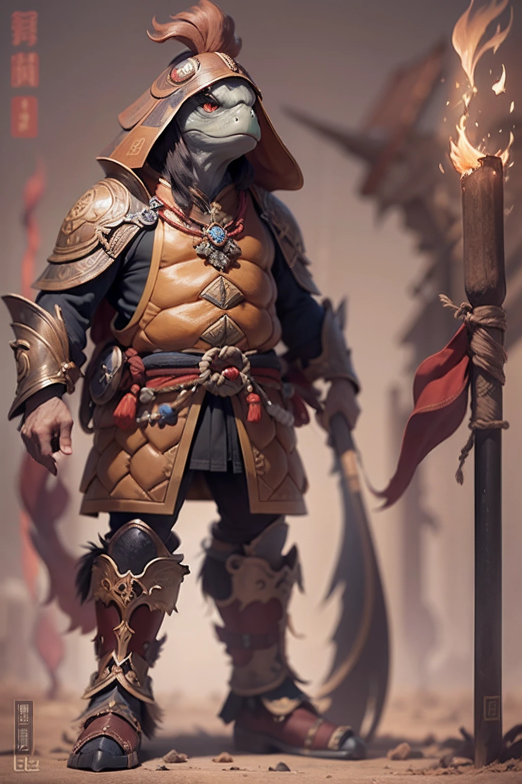 (anthropomorphic turtle),(Emperor Xingjun:1.4),coda,a tall body,Stout limbs,disdain,ran,tosen,The long hairs of the flame fluttered in the wind,combats,Dynamic lines,Dimly lit battlefield,Ruined castle,(stereoscopic perspective:1.4),Works of masters,super-fine,4K分辨率,high qulity,电影灯光,High picture detail,Detailed pubic hair,Epic shooting,Clearly focused hair,Detailed hair depiction,acurate