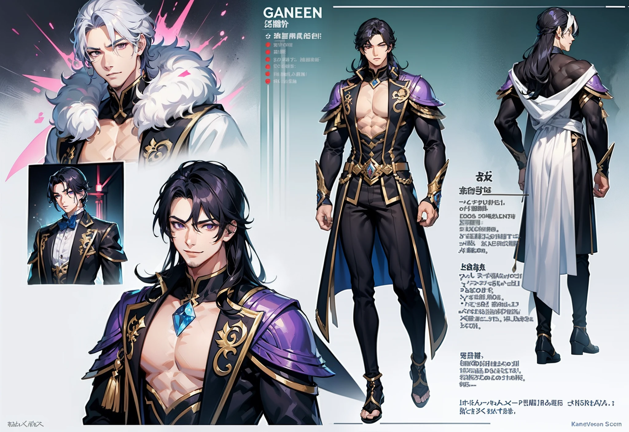 1boy, single, asian boy, reference sheet, oerfect face, hansome face, character design, front angle, side angle, rear angle, dynamic poses, (masterpiece:1.2), (best quality:1.3), 1.85 tall, shaved, ice fantasy outfit, muscle body, athletic body. (Purple eyes), (long hair), (long bangs), (black hair), (pale skin), lean (reference sheet:1.5), no text, no symbol