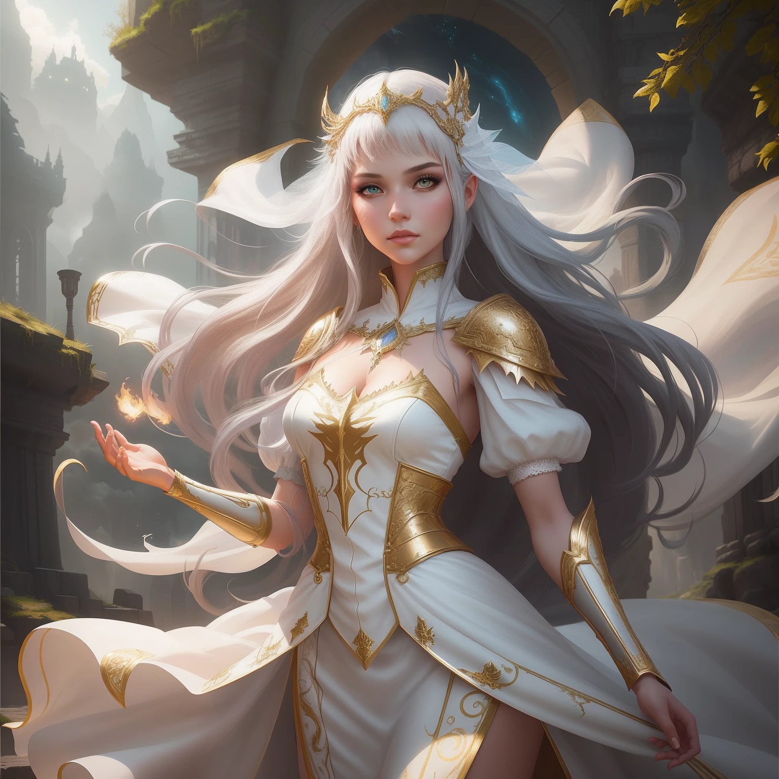 Beautiful girl in white dress with gold trim and white cape, fantasy art style, beautiful fantasy girl, beautiful fantasy art, Behance Fantasy Art, handsome girl, 2. 5 d cgi anime fantasy artwork, Fantasy Art Style, Epic fantasy art style, Detailed fantasy art, women's art by Cushart Krenz
