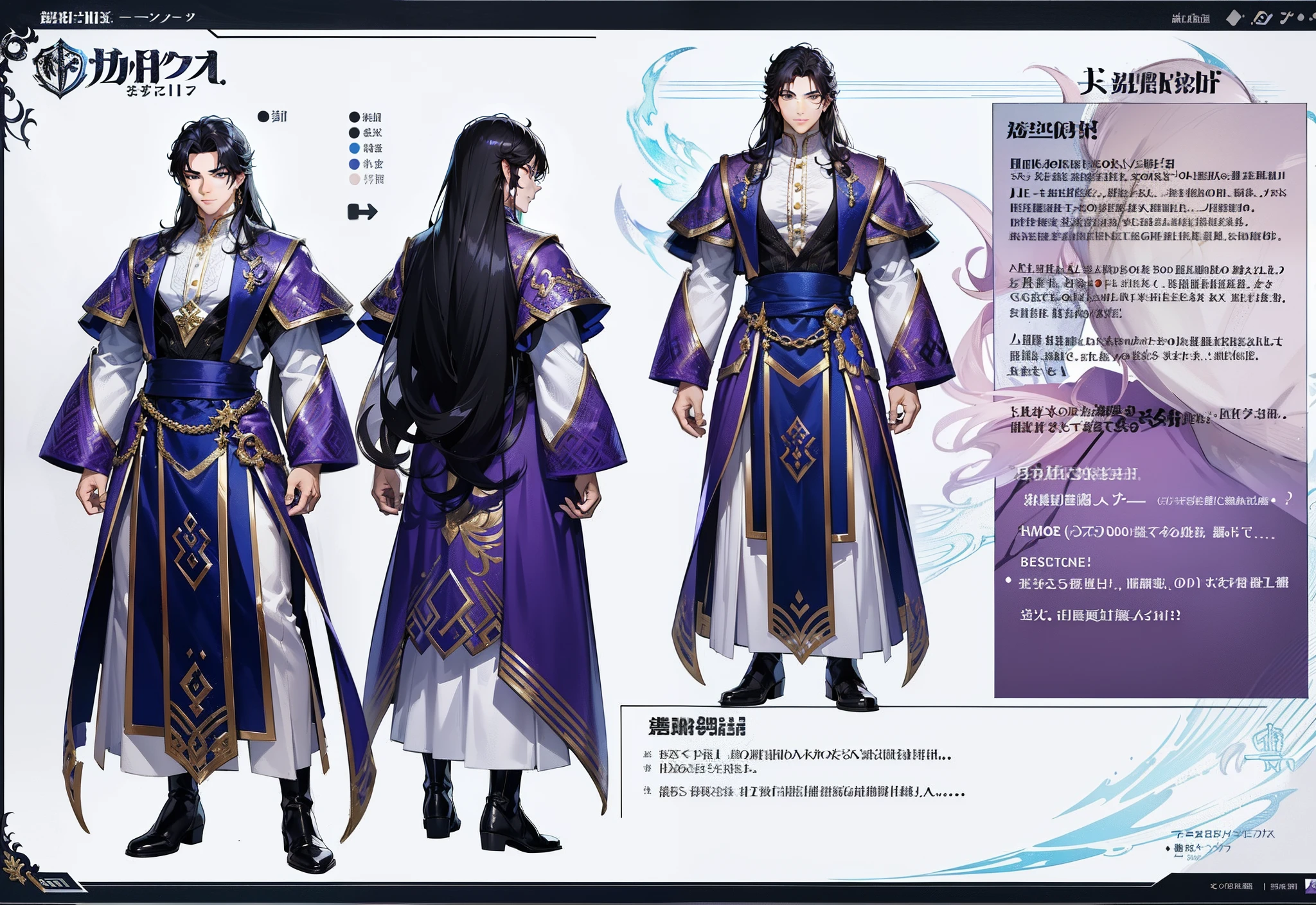 1boy, single, asian boy, reference sheet, oerfect face, hansome face, character design, front angle, side angle, rear angle, dynamic poses, (masterpiece:1.2), (best quality:1.3), ice fantasy outfit, muscle body, athletic body. (Purple eyes), (long hair), (long bangs), (black  hair), (pale skin),  lean (reference sheet:1.5), no text, no symbol, no frame, giant this guy, looking at viewer, smile, male focus, muscular, pectorals, muscular male,