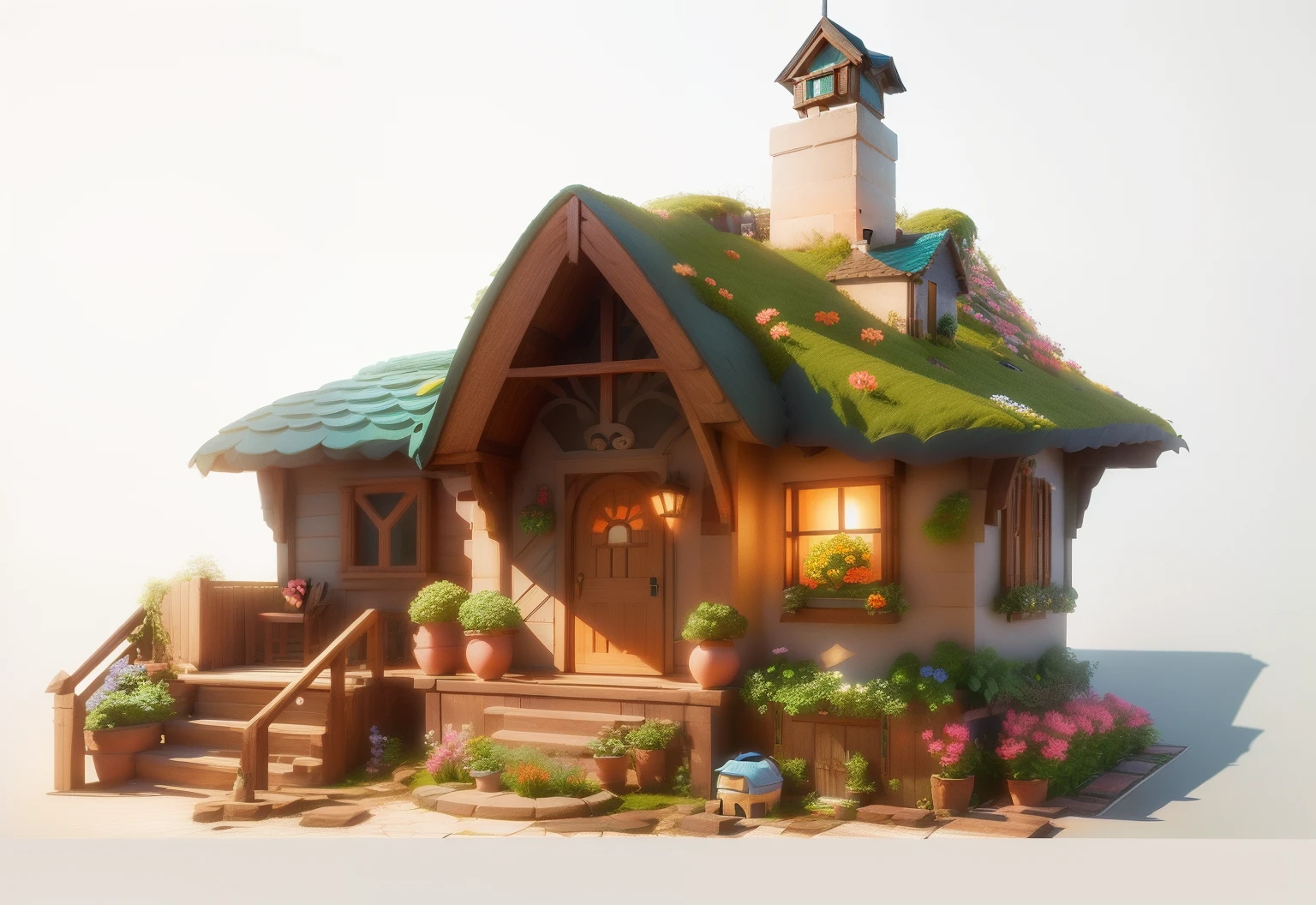 Cartoon illustration of small house with porch and garden, Stylized digital illustration, flowery cottage, 3 d render stylized, rounded house and cute character, Isometric 3d fantasy cute house, stylized 3d render, Stylized concept art, Detailed 2D illustration, 3 d stylize scene, elves house, stylized as a 3d render