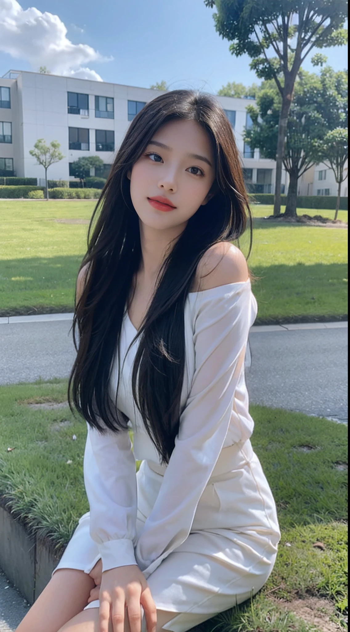 ((Best Quality, 8K, Masterpiece:1.3)), A beautiful girl, pure, melon face, gentle and cute, sweet smile, pure desire, thin figure, (frontal), (tilted head), looking directly at the camera, uniform, obi, formal, black silky long straight hair, long hair flowing over the shoulders, round black big eyes, clear big eyes, moist red lips, sweet, sitting on the side of the road, blue sky and white clouds, grass, buildings,