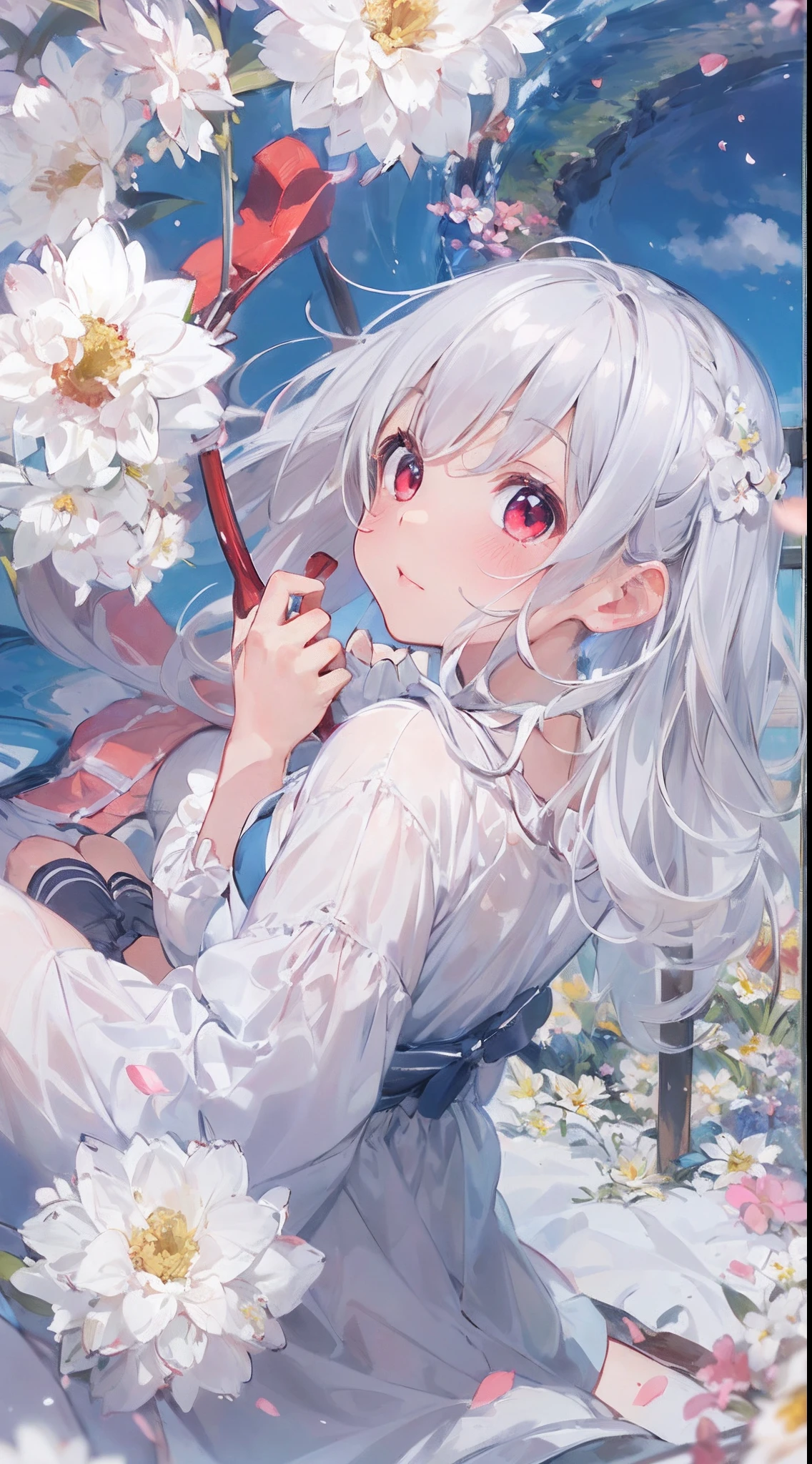 ((Masterpiece, Best quality)),(1girll, Solo:1.4), Silver hair, wine red eyes, From above, Beautiful detailed eyes, Vivid, Cloudy sky, flower, Awe-inspiring flowers, daffodil, Falling petals, Yamashu dango, hanami, having picnic