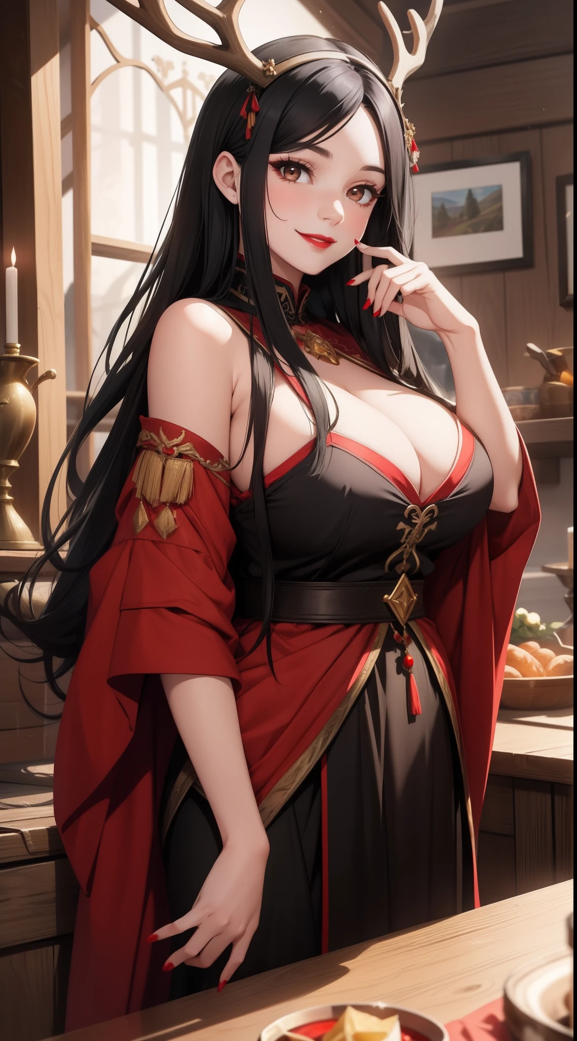 Adult woman, Long black hair, Deer antlers, Brown eyes, Lush breasts, Russian peasant clothing, red lipstick, Smile, Masterpiece, hiquality