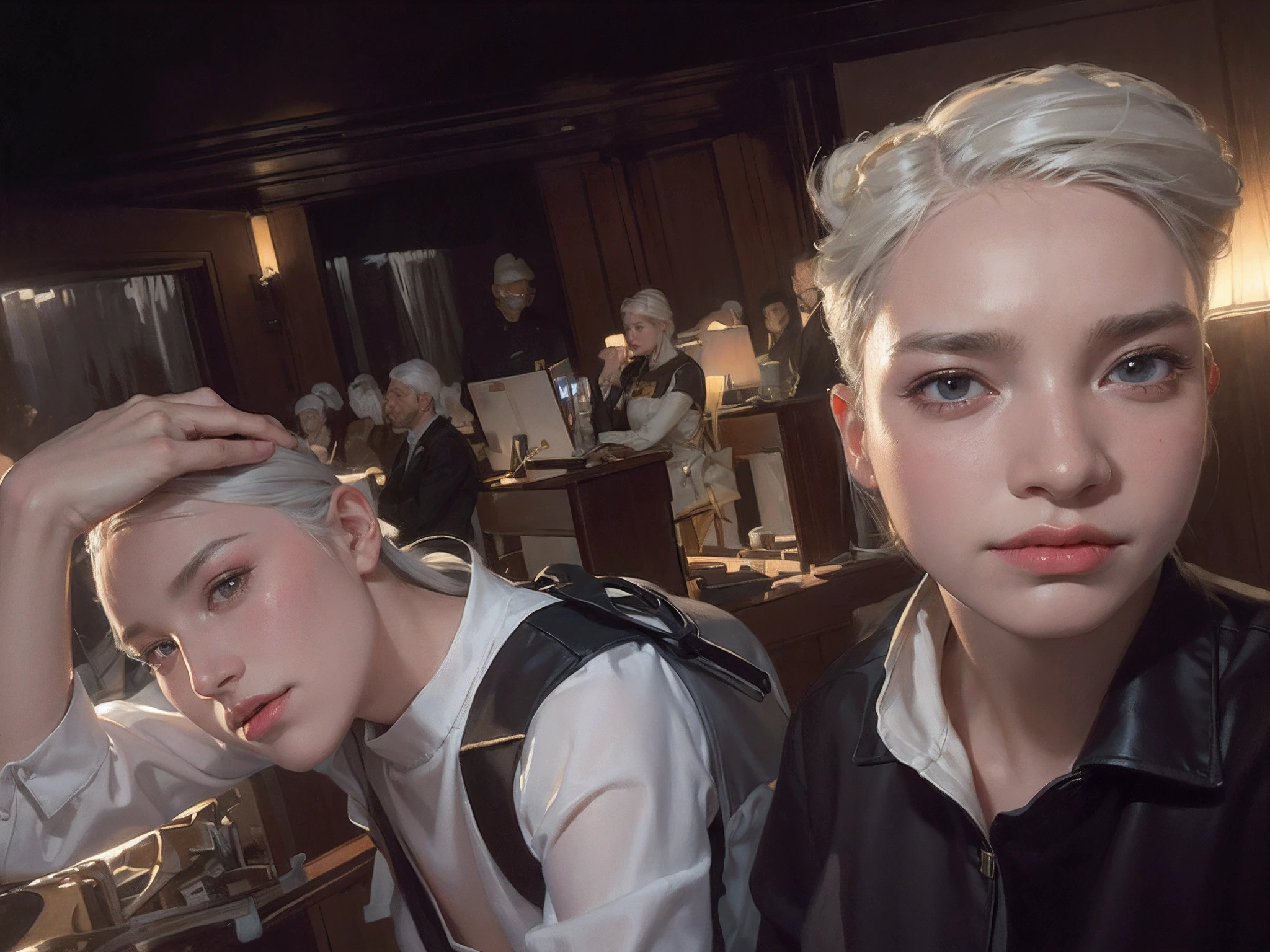 Hyperrealist portrait of female by david hockney and alphonse mucha,fantasy art, photo realistic, dynamic lighting, artstation, poster, volumetric lighting, very detailed faces, 4 k, award winning,, 1girl, in the dark, deep shadow, low key,cowboy shot,(official clothing:1.4) ,long hair,white hair,