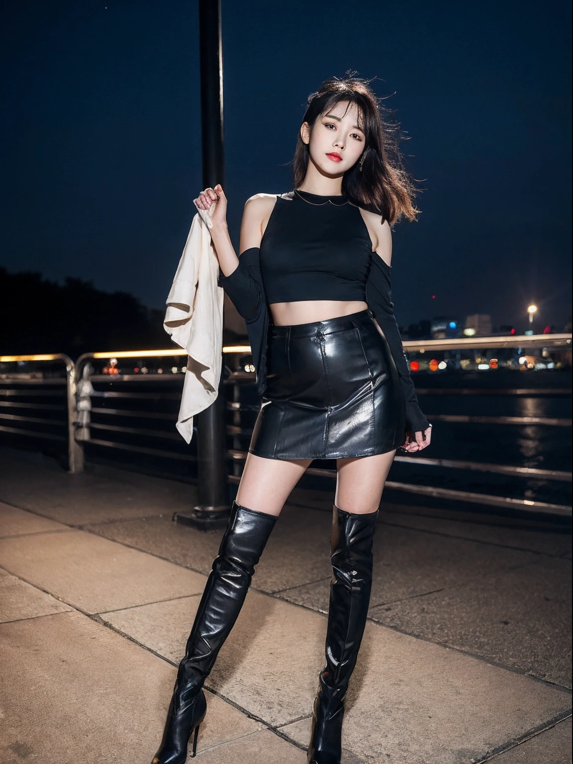(RAW photo:1.2), (Photorealistic:1.4),Beautiful detailed woman, very detailed eyes and faces, A detailed eye, ultra - detailed, A high resolution, The is very detailed,best qualtiy,illustratio，unified,8k 壁纸,tmasterpiece,best qualtiy,1 gir,Solo,a skirt,Boots,Black color hair,long whitr hair,Over-the-knee boots,Skysky,shinning clothes,the night,Black shoes,looking at viewert,无袖,hason,leathers,upper legs,a black skirt,of shoulders,Short top
