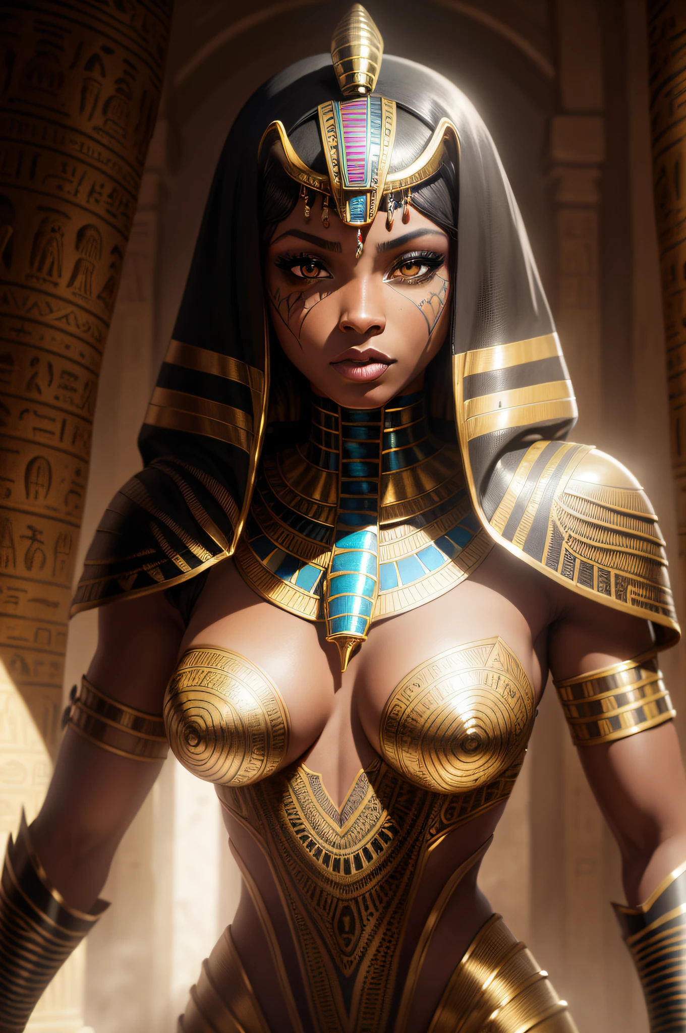 biomachine:1.3, (Egyptian Black woman predator:1.2), (Colouring:1.2), dourado, ouro, Hans Giger, (Zentangle:1.2), granulado, extremamente detalhado, detalhes intrincados, dynamic lighting, fotorrealista, Luz Natural, baixo h, obra prima, detalhado 8k