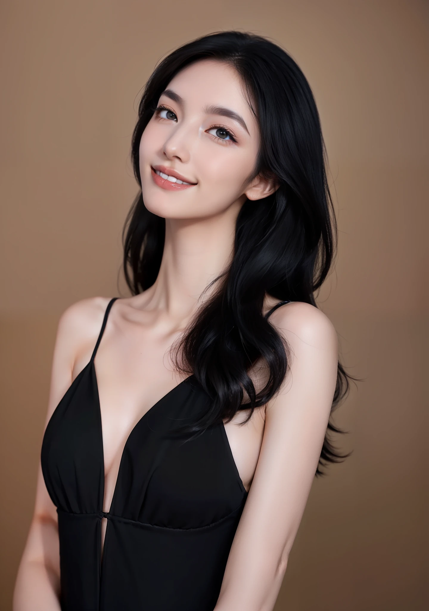 Nikon 800mm lens, f/4, 5 second shutter. Tall, feminine, Instagram model, long black hair, petite nose, thin eyebrows, posed, confident, smiling, eyeshadow, eyeliner, contour, foundation, Thin black flowy dress, cleavage, glossy