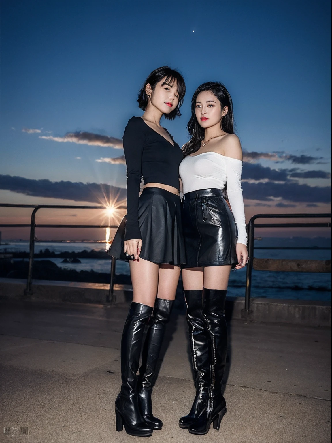 (RAW photo:1.2), (Photorealistic:1.4),Beautiful detailed woman, very detailed eyes and faces, A detailed eye, ultra - detailed, A high resolution, The is very detailed,best qualtiy,illustratio,unified,8k 壁纸,tmasterpiece,best qualtiy,1 gir,Solo,a skirt,Boots,Black color hair,long whitr hair,Over-the-knee boots,Skysky,shinning clothes,the night,Black shoes,looking at viewert,无袖,hason,leathers,upper legs,a black skirt,of shoulders,Short top