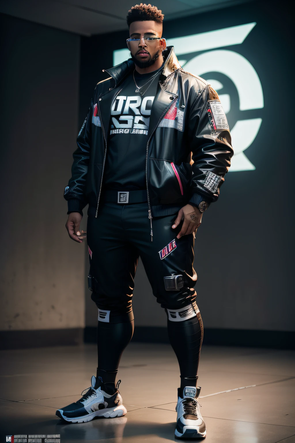 homem gordo negro,roupas hip hop cyber punk,folha de personagem corpo inteiro,modelo de personagem detalhado,estilo roosuri,8k
