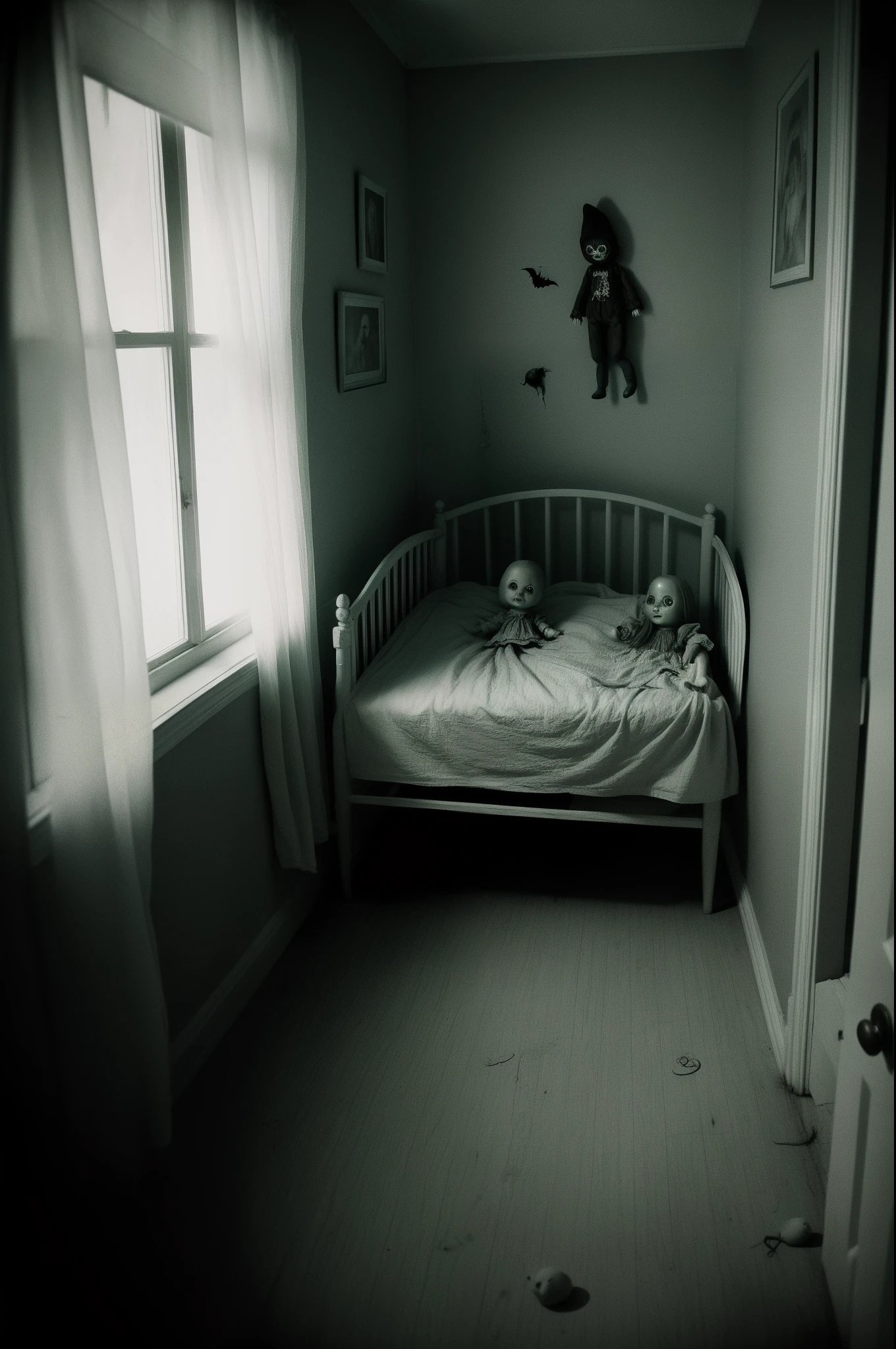 scary, childs room、One scary doll、Nostalgic but unsettling photos、Images in a dream、uneasy、deep in the night、natta、、Grainy photo、Film Touch、color photograph、horor、terrifying、Wide angle scary atmosphere、wide angles、wide-angle lens、