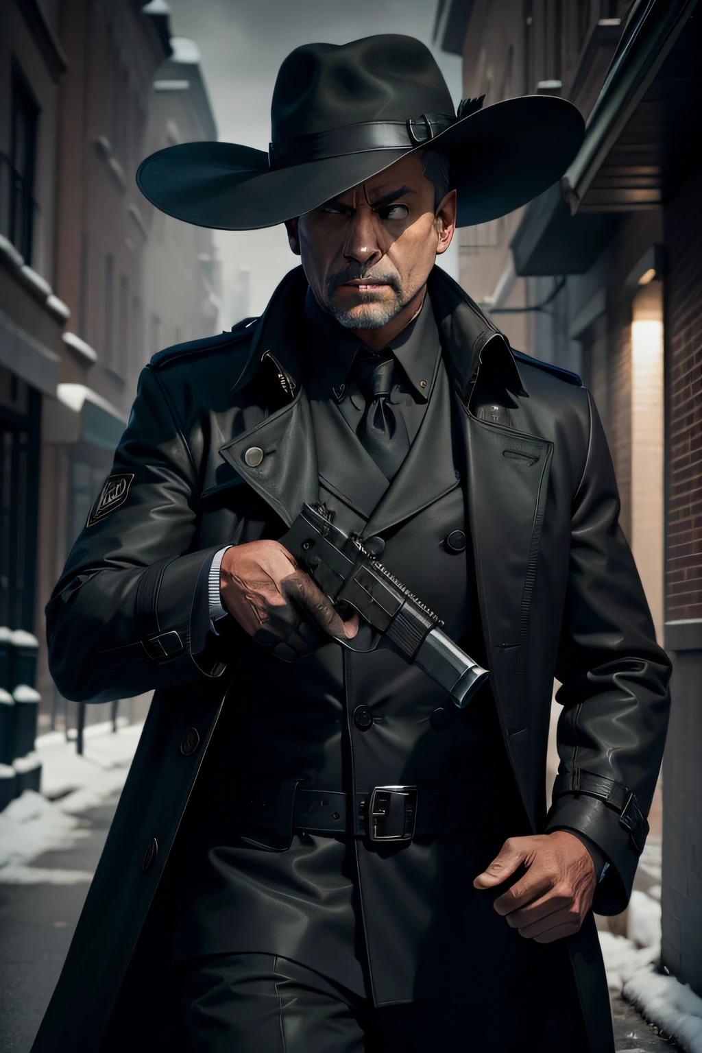 a black trench coat,uncle,Cold-blooded,holding a gun