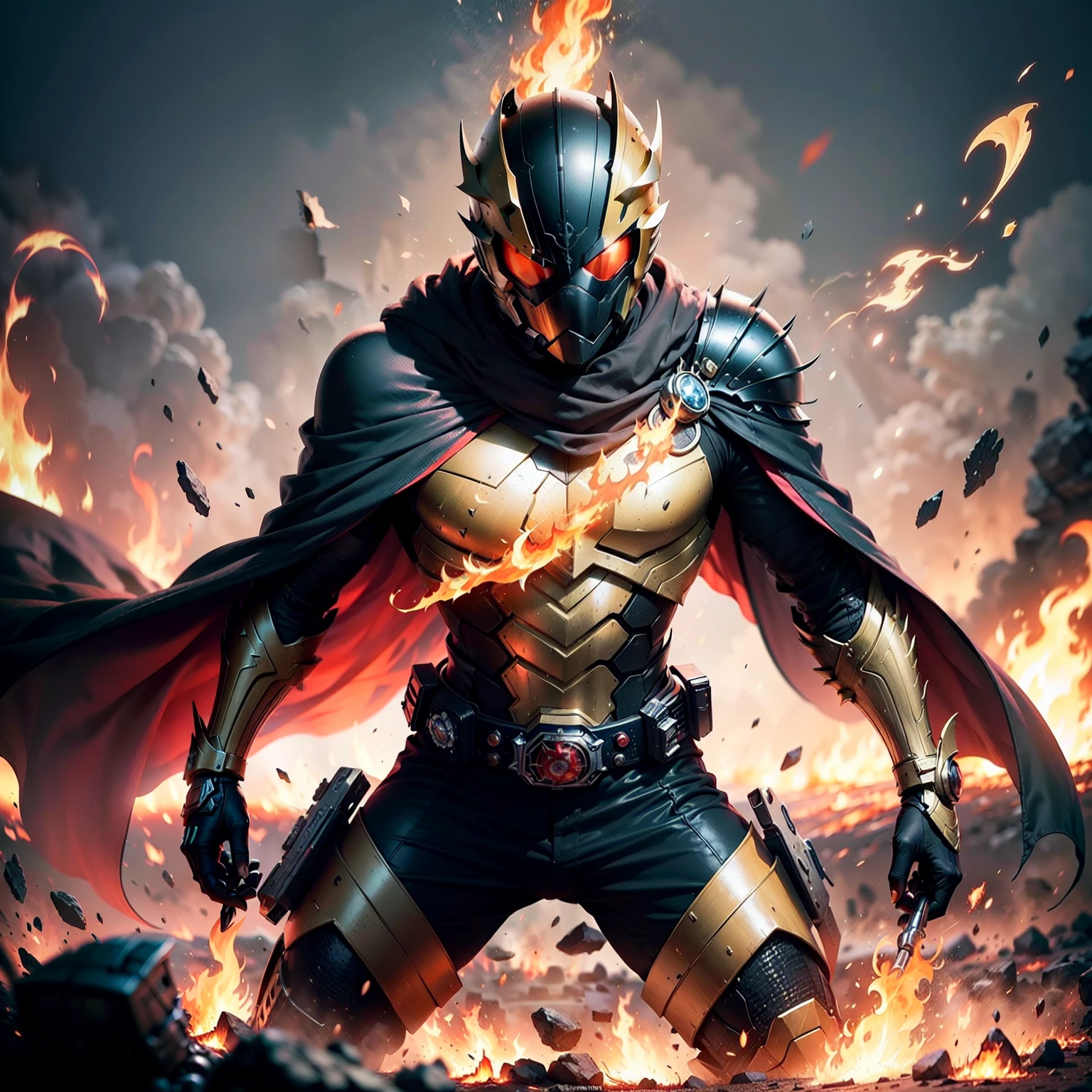 (tmasterpiece),(best qualtiy),(Detail 1.4),(HD8K),(The best wallpapers),(Kamen Rider),(A martial artist wearing a black dragon mask),(Normal human anatomy),(Normal human proportions),(Mechanized armor),(The wind blows the cloak),(The cloak is on fire),((Surrounded by flames)),(Full of domineering fighting stance),(particle fx),(Light and shadow details),((fully body photo)),