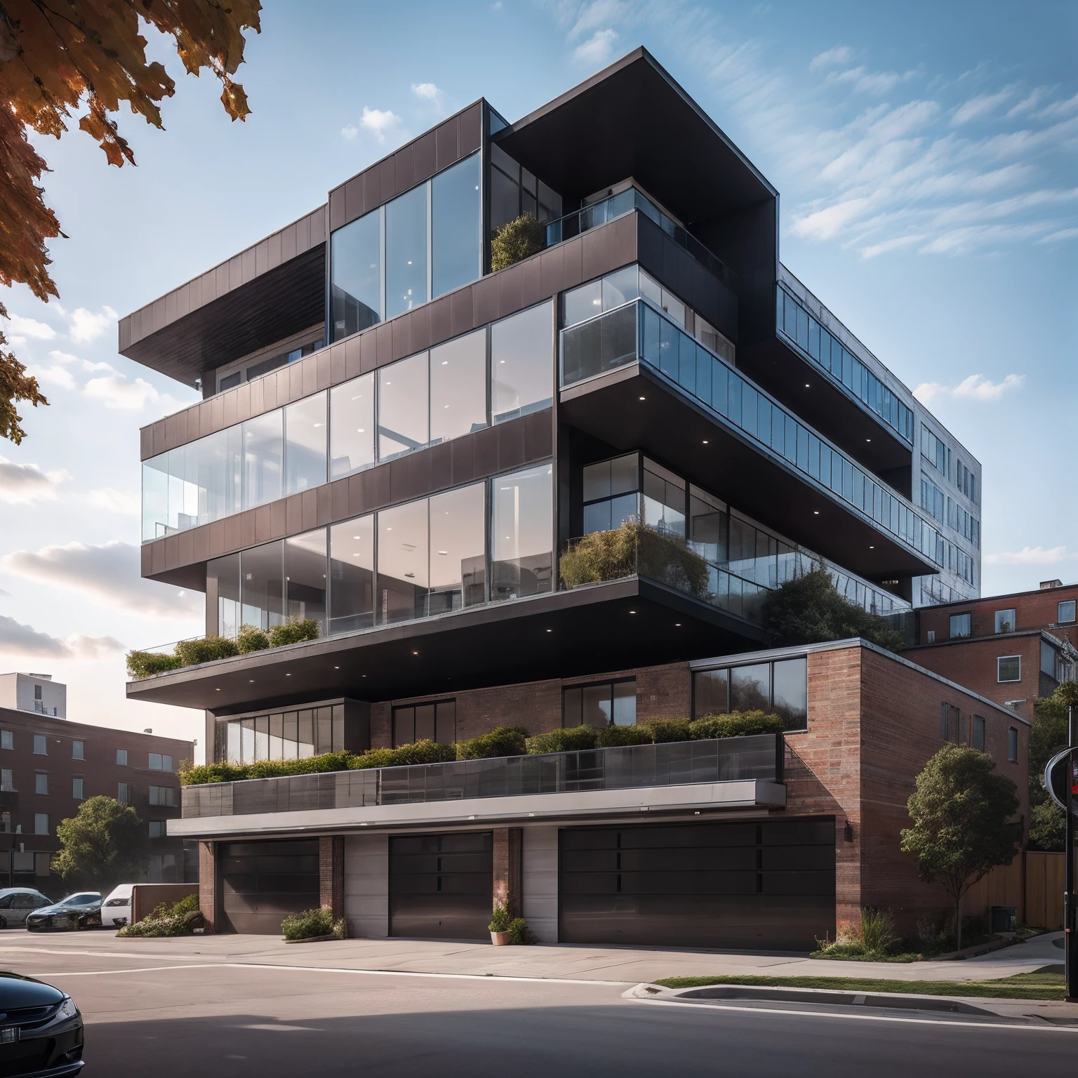 modern office, mabuilding, floor 7, ((garage)), front, architecture, brick and metal, photo of a house, architecture, beautiful, masterpiece, best quality, super detailed, realistic, photorealistic, 8k, sharp focus