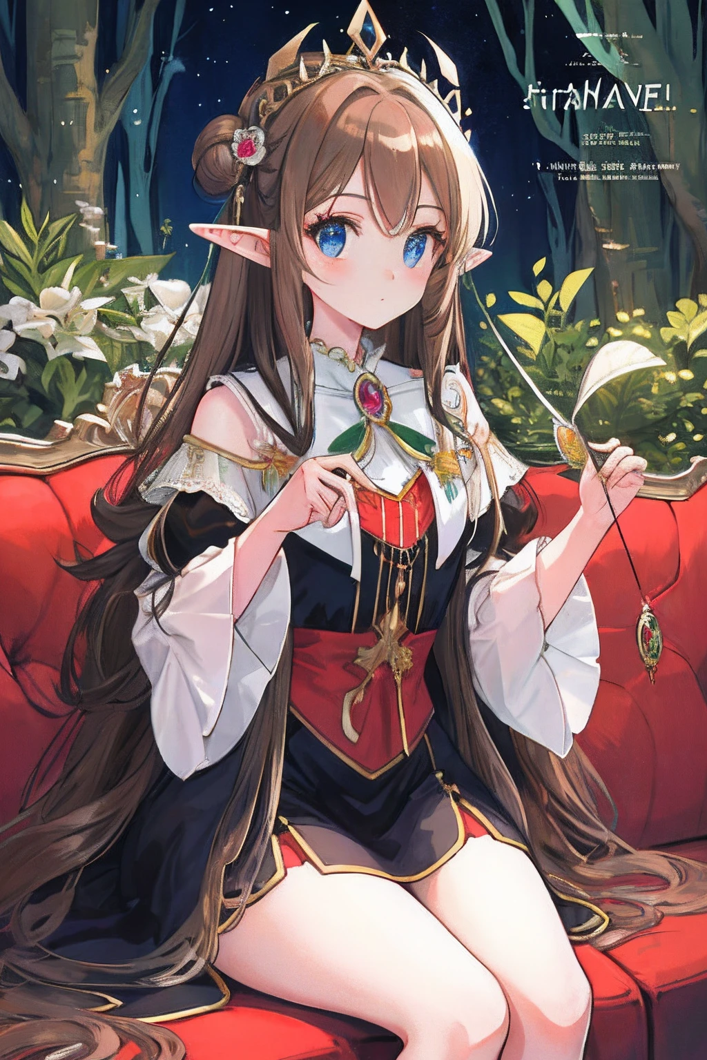 Elf Princess，long whitr hair，ln the forest，Frontal photo，（tmasterpiece：1.3）， best qualtiy， offcial art， MagazineCover， ultra - detailed， 1980s\（styled\）， Elegant dress， liveroom， sitting in the couch， long whitr hair， curlies， brown  hair， eBlue eyes， eye glass， jewely， Artistically [aaron horkey|lisa frank]，