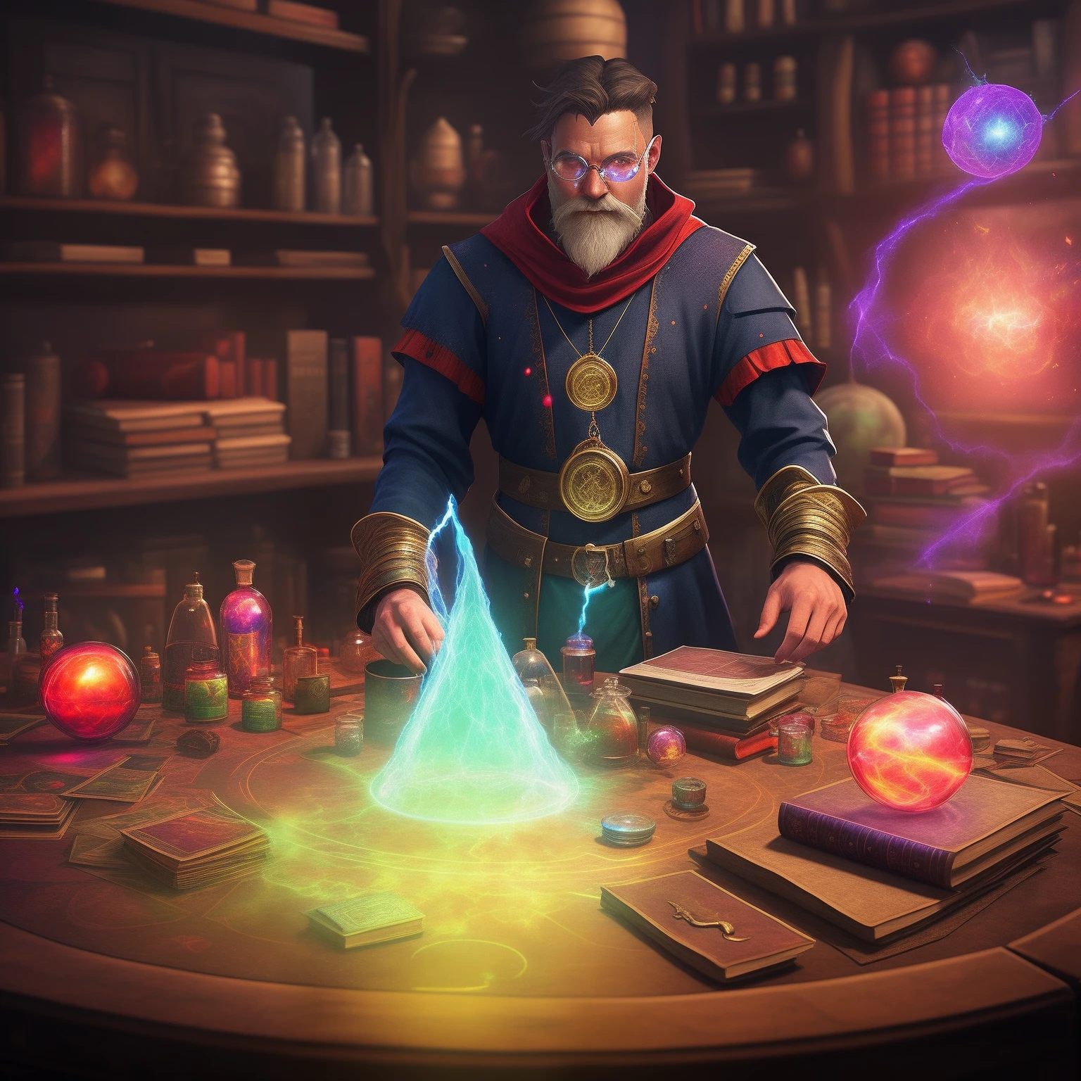 Alchemist magical man imposing and powerful, Making Red Potions in Your Lab with Holographic Magic Circles. Table full of papers and books scattered in the background.l
