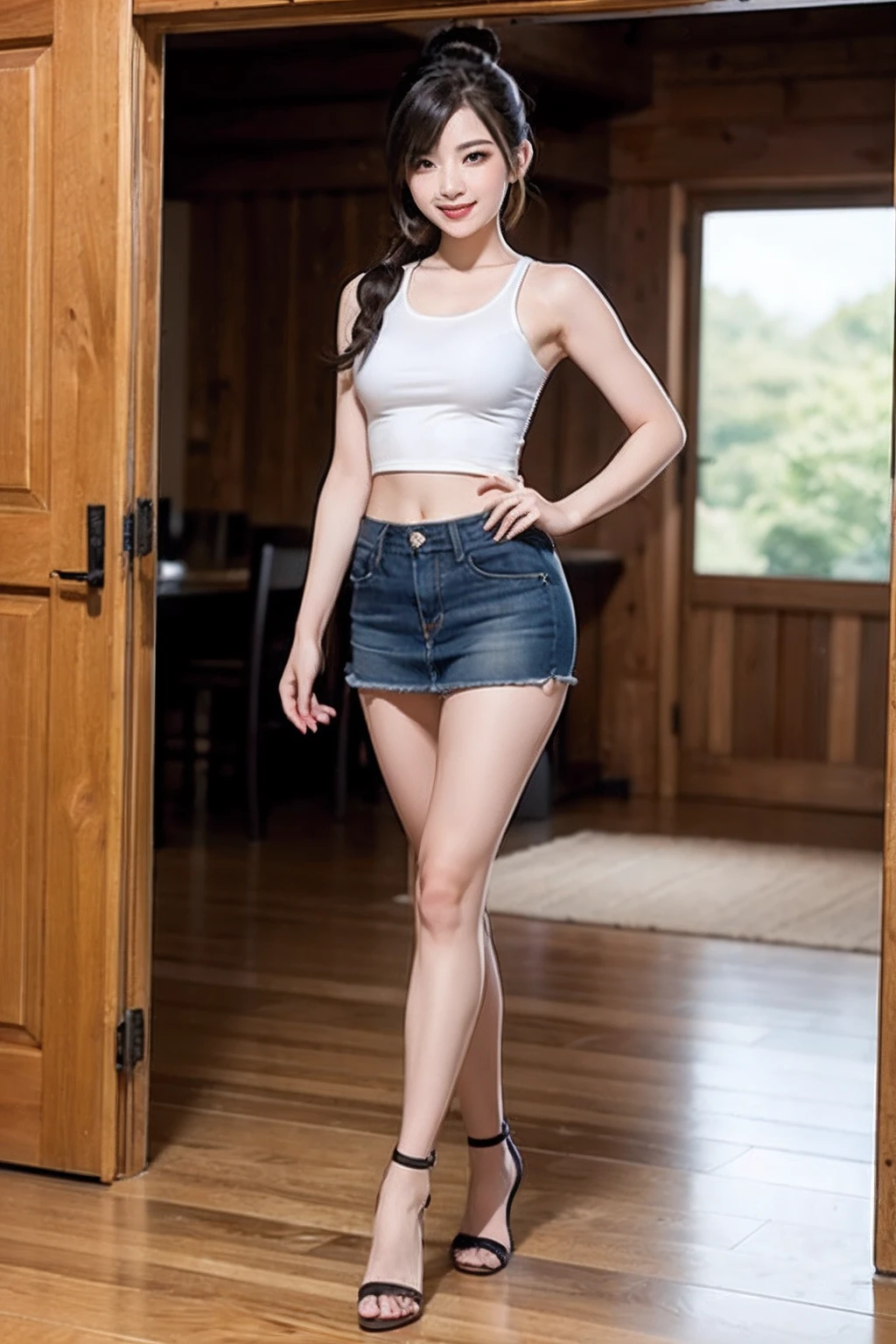 (8K、Raw photography、top-quality、masterpiece:1.2)、(realisitic、Full body posture、poneyTail、Photorealsitic:1.37)、Respectable hips、Beautiful ass、poneyTail、Tank Tops、a miniskirt、Full body posture、Panchira、ultra-detailliert、超A high resolution、1人、see the beholder、beautifull detailed face、A smile、Constriction、(Slim waist) :1.3)、The shirt、Beautiful detailed skin、Skin Texture、floated hair、profetional lighting、