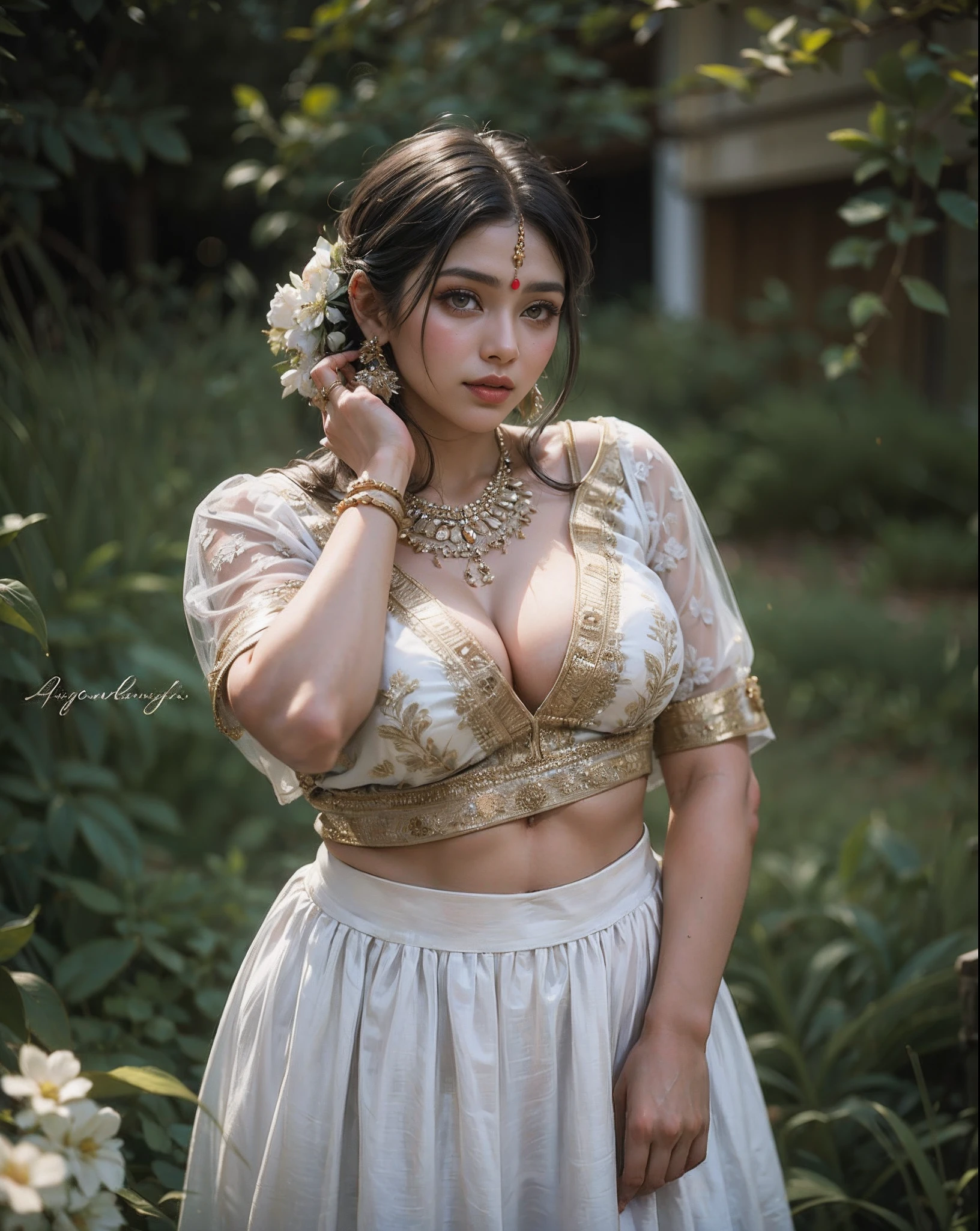 arafed woman in a white skirt and a white blouse, traditional beauty, indian goddess, assamese aesthetic, indian, with lovely look, candid photography, very beautiful enga style, wearing an elegant tribal outfit, wearing crop top, candid picture, lovely woman, white skirt and barechest, a beautiful woman in white, modeling shoot, indian girl with brown skin