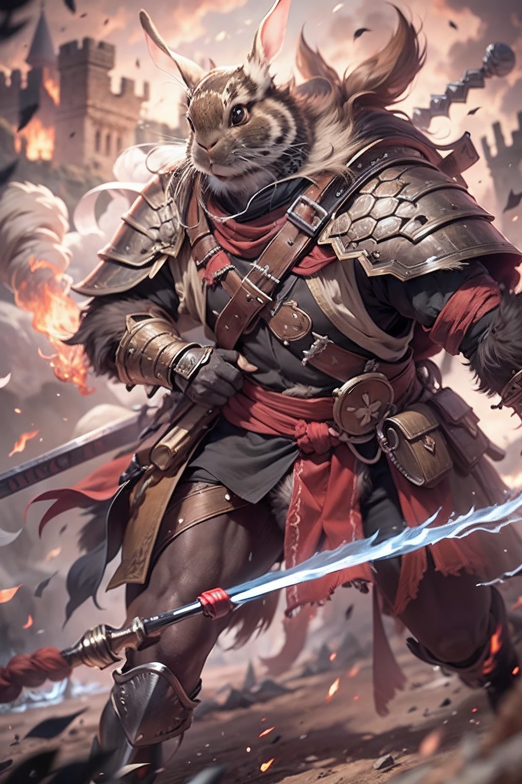 （anthropomorphic turtle），（rabbit warrior：1.4），coda，a tall body，Stout limbs，disdain，ran，tosen，The long hairs of the flame fluttered in the wind，combats，Dynamic lines，Dimly lit battlefield，Ruined castle，（stereoscopic perspective：1.4），Works of masters，super-fine，4K分辨率，high qulity，电影灯光，High picture detail，Detailed pubic hair，Epic shooting，Clearly focused hair，Detailed hair depiction，acurate