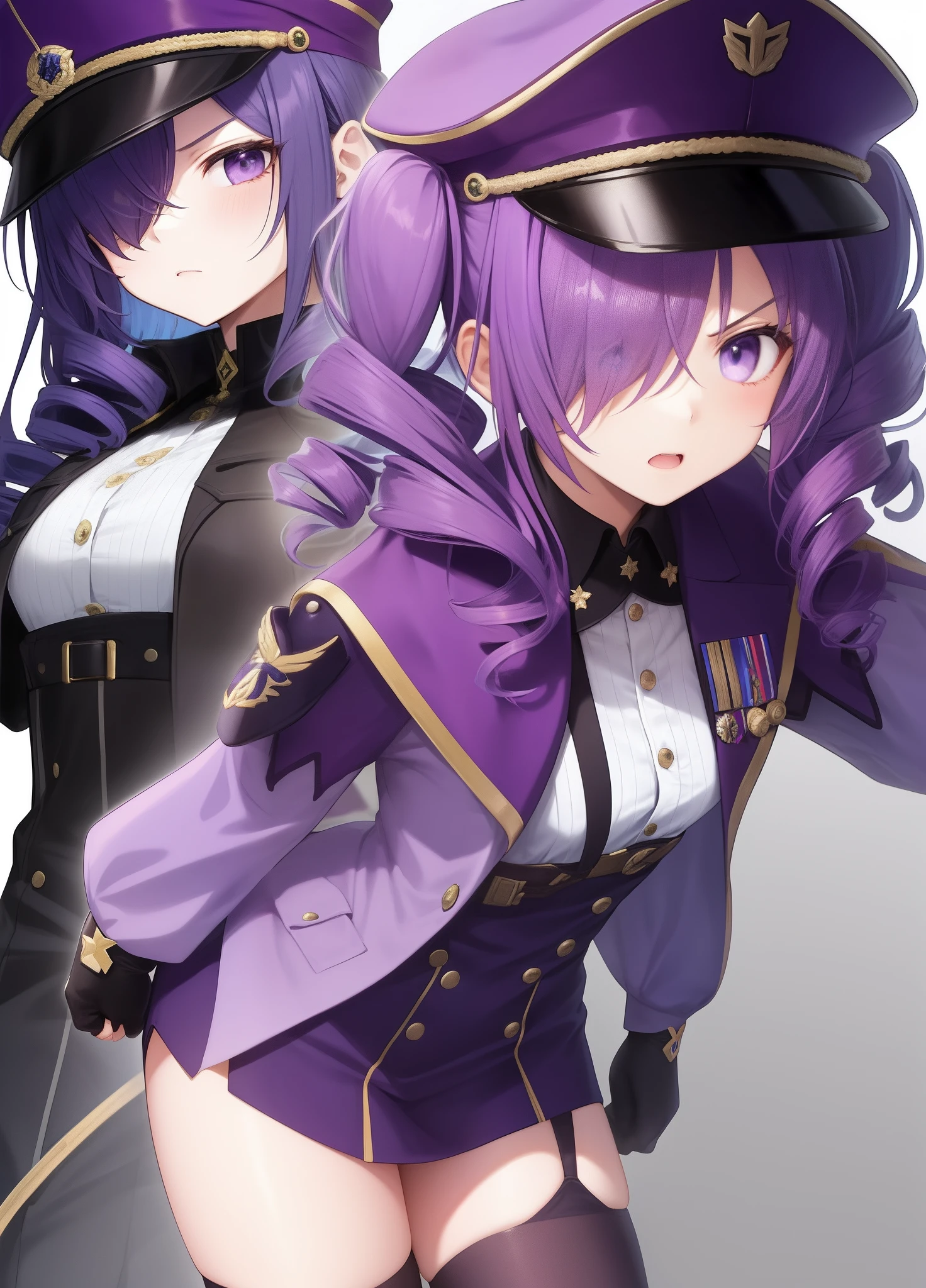 -year-girl，ple hair，hair on one eye，Purple military uniform，Purple military cap，Super detail，quad drills，Serious expressions，mitts