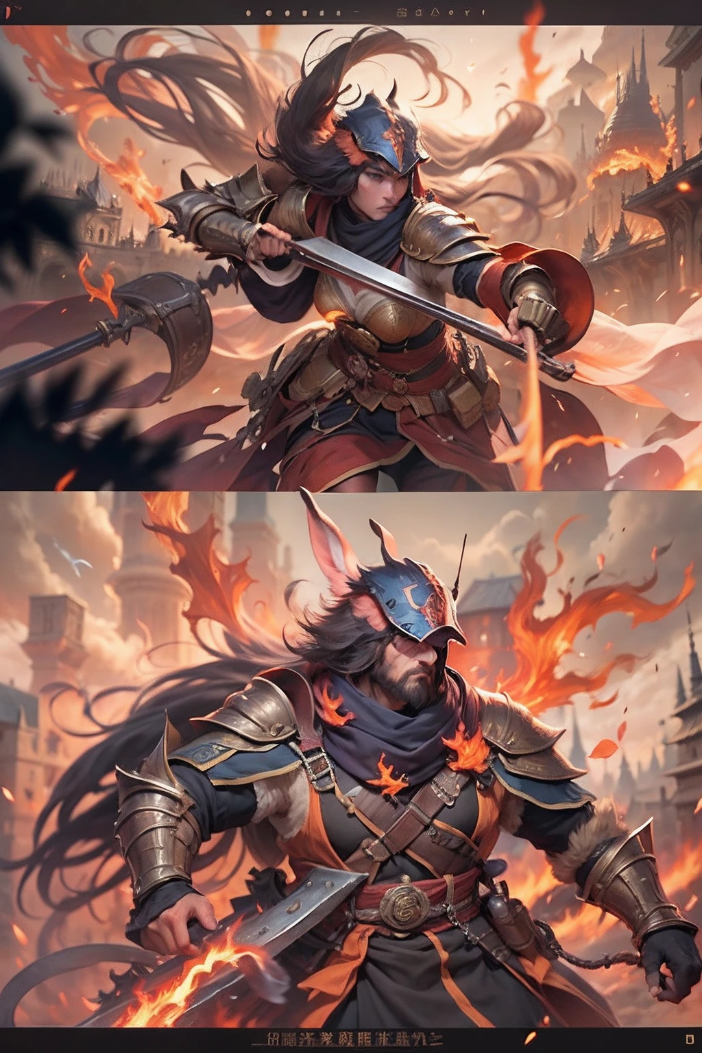 (anthropomorphic turtle),(rabbit warrior:1.4),coda,a tall body,Stout limbs,disdain,ran,tosen,The long hairs of the flame fluttered in the wind,combats,Dynamic lines,Dimly lit battlefield,Ruined castle,(stereoscopic perspective:1.4),Works of masters,super-fine,4K分辨率,high qulity,电影灯光,High picture detail,Detailed pubic hair,Epic shooting,Clearly focused hair,Detailed hair depiction,acurate