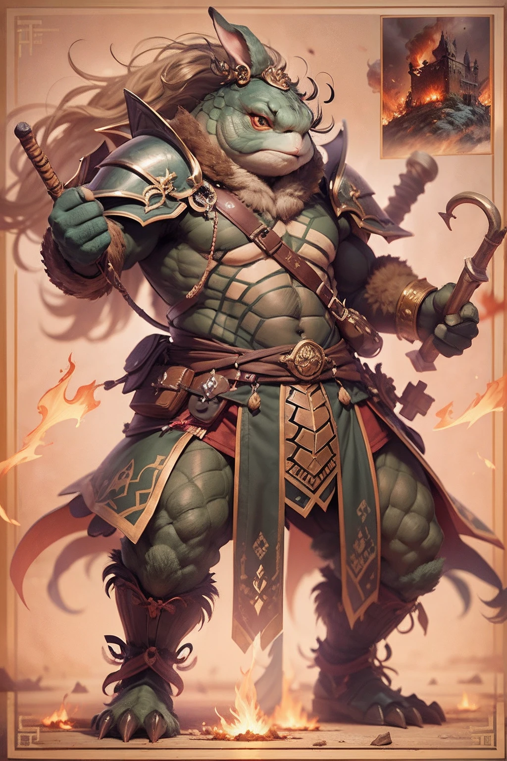 (anthropomorphic turtle),(Dragon King Warrior:1.4),coda,a tall body,Stout limbs,disdain,ran,tosen,The long hairs of the flame fluttered in the wind,combats,Dynamic lines,Dimly lit battlefield,Ruined castle,(stereoscopic perspective:1.4),Works of masters,super-fine,4K分辨率,high qulity,电影灯光,High picture detail,Detailed pubic hair,Epic shooting,Clearly focused hair,Detailed hair depiction,acurate
