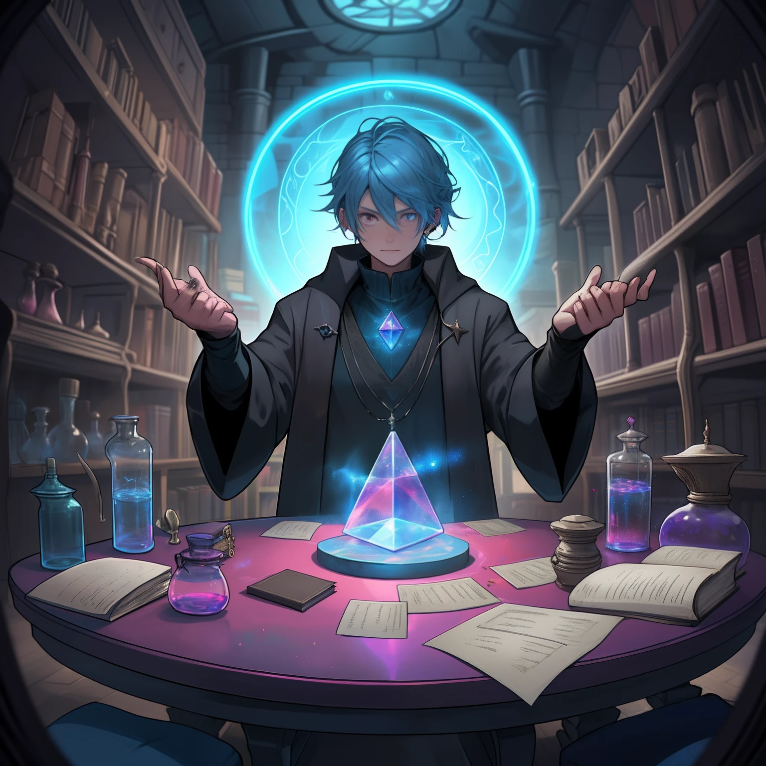 Imposing and powerful magical alchemist, Making Red Potions in Your Lab with Holographic Magic Circles. Table full of papers and books scattered in the background.l