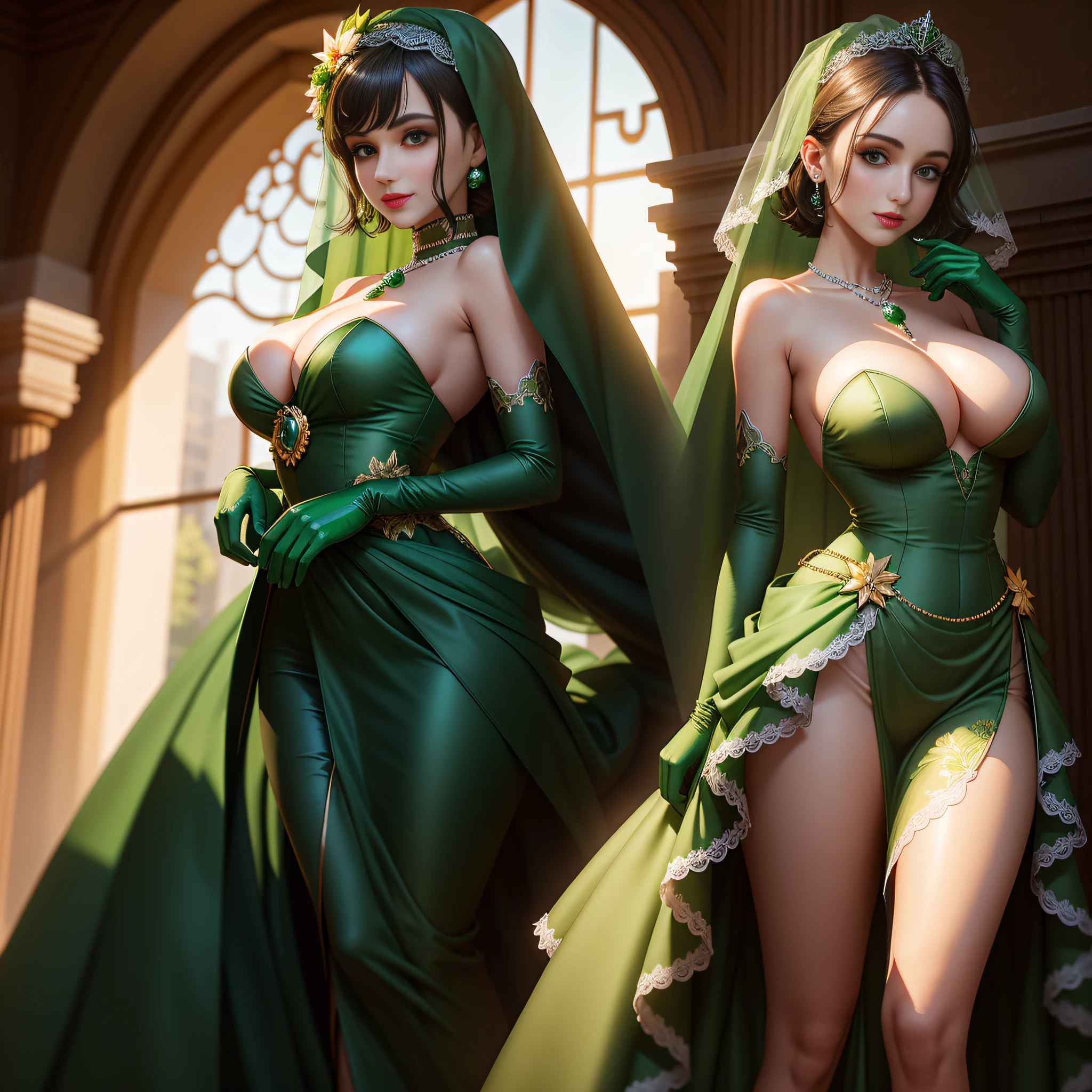 Green Dress Flower Cleanser,Sense of atmosphere, best qualtiy,tmasterpiece,1girll,30-years old,Green dress,Daytime Church,full body Esbian, Green gloves,With short green hair,big breasts beautiful,looking at viewert,ssmile,Green Bridal Veil,Green Long Grove,Satin green long gloves, lipsticks, Green Pearl Necklace、Green gloves, Green short hair, Green Pearl Necklace