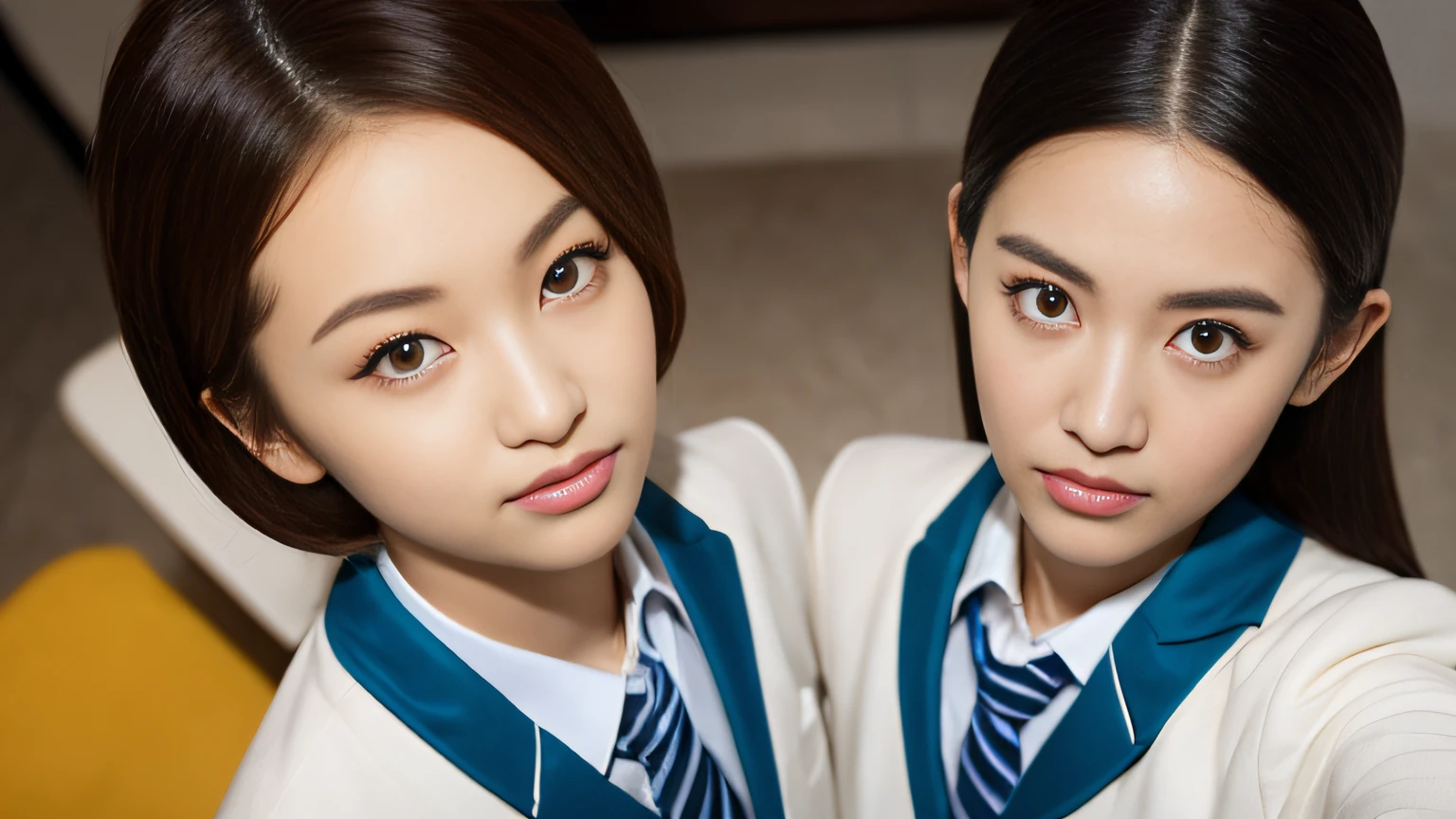 Mixed-race yellow-haired girl、White Skin Skin、chineseidol、年轻、Thick eyebrows、Black eyes、biting lip、Full of arrogance、Cheer Uniforms、Custom JF clothing、(1 female secondary school student)、In the school infirmary、Sit at the bar、Slim eyebrows、Brown hairpins、hentail realism、8K、tmasterpiece、A high resolution、、anatomically correcte、、from above view、32K quality