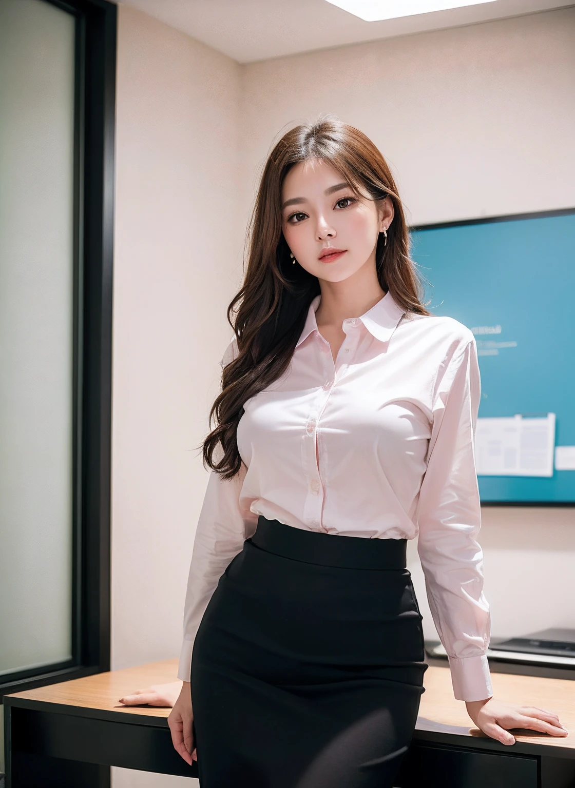 25 years old female, soio, A secretary, stunningly beautiful, (top-quality、8K、32K、tmasterpiece、NFFSW:1.3)、超A high resolution,(Photorealsitic:1.4),RAW photography, Detailed face,,Beautiful hair, Pink shirt,((Secretarial style)), thicc body, Tight skirts、 Natural makeup, Breast cleavage, Inside the office, Detailed background, Perfect lighting, depth of fields, Beautiful shadow gradient, ,