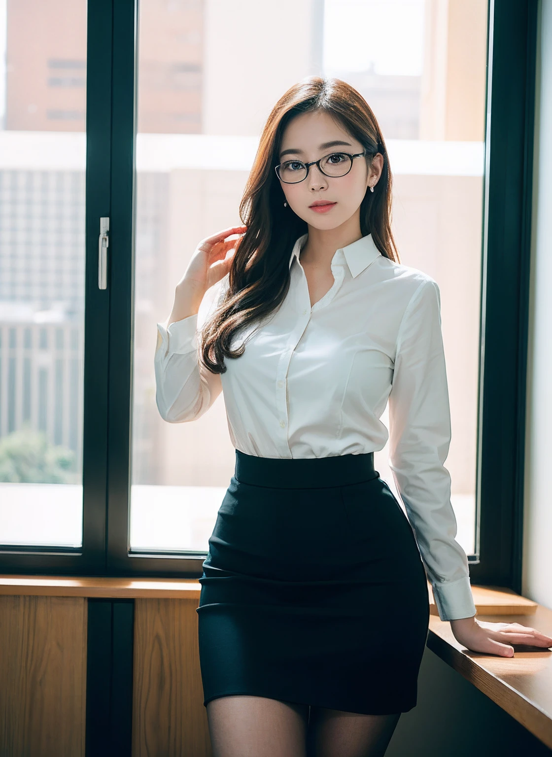 1 woman, archaic smile, half updo, glasses, business jacket, white blouse, ribon tie, receptionist, small breasts, cowboy shot, in office, photograph,photorealistic,realistic,8k,highres,cinemagraph,