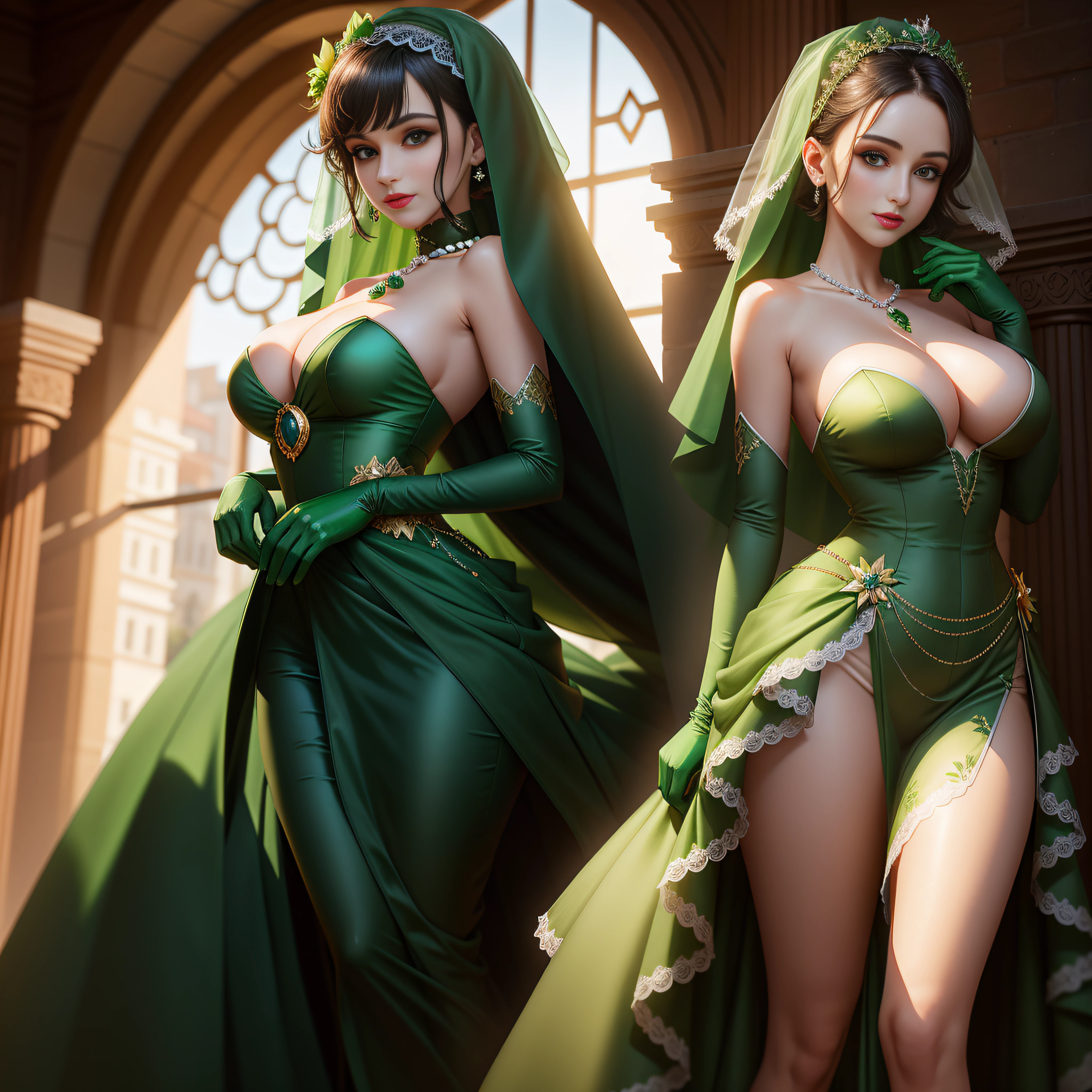 Green Dress Flower Cleanser,Sense of atmosphere, best qualtiy,tmasterpiece,1girll,30-years old,Green dress,Daytime Church,full body Esbian, Green gloves,With short green hair,big breasts beautiful,looking at viewert,ssmile,Green Bridal Veil,Green Long Grove,Satin green long gloves, lipsticks, Green Pearl Necklace、Green gloves, Green short hair, Green Pearl Necklace