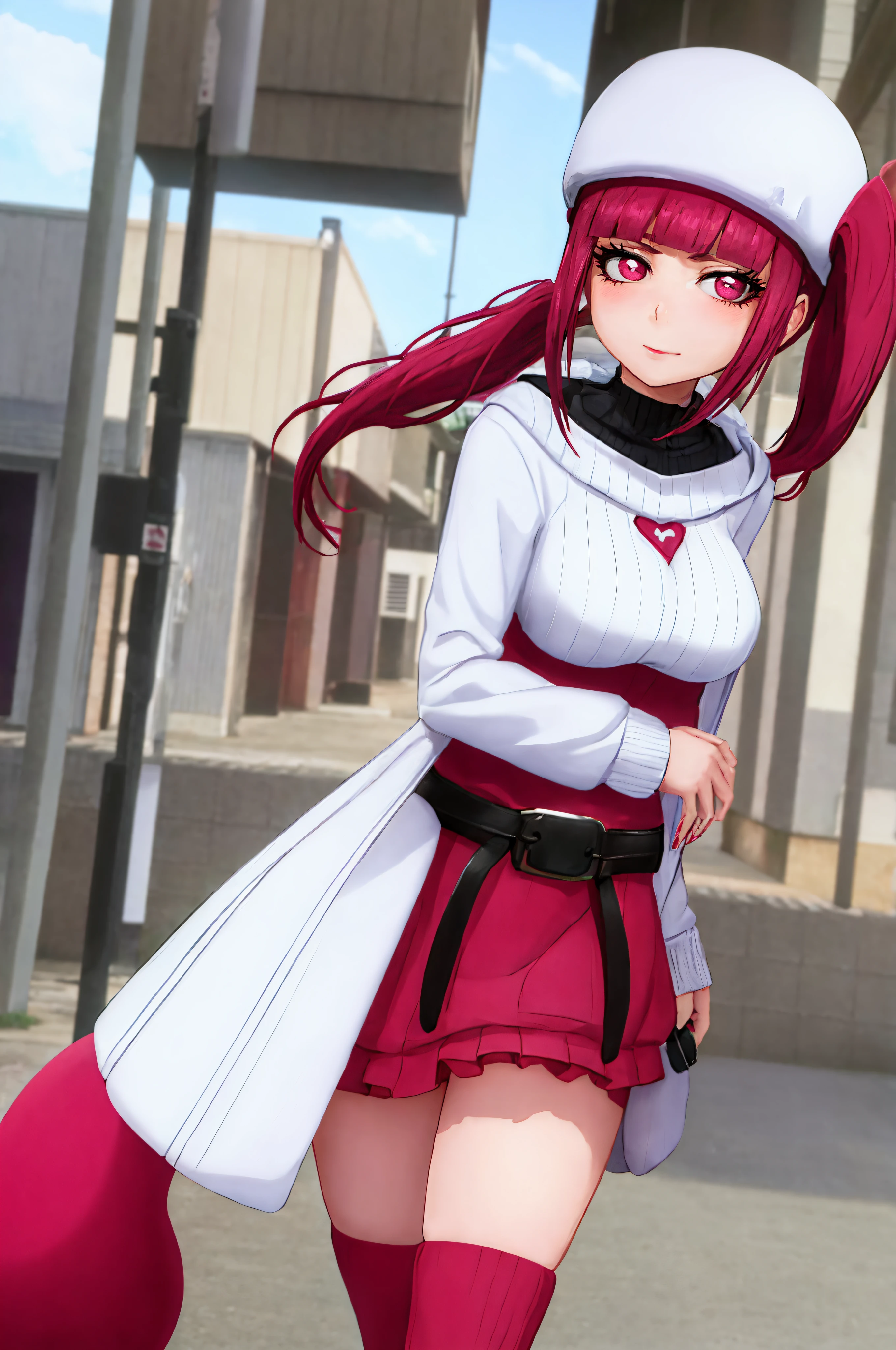 "Riruka in her 20s ,with vibrant eyes, standing in a peaceful town street, showcasing a moderate bust and soft rosy cheeks, wearing an oversized hoodie, with a demure expression and stylish twin tails."