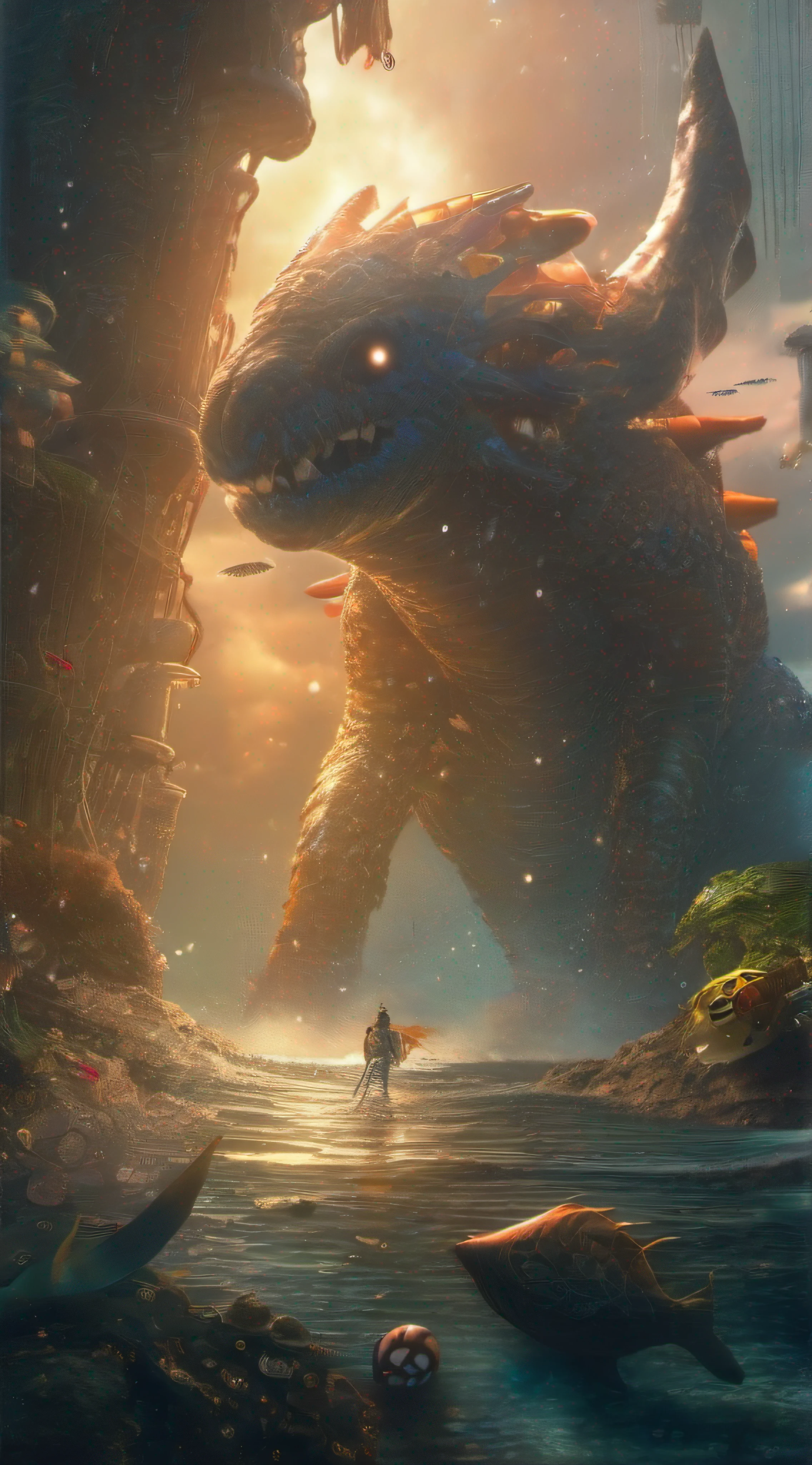 The scene is at the bottom of the sea,Mutant monsters,dive,searchlight,fish flocks,Pokémon, Mechaization, Cool, Figures, surrealism,Cinematic lighting, Sparkle, tachi-e, hyper HD, Anatomically correct, Masterpiece, High details, A high resolution
