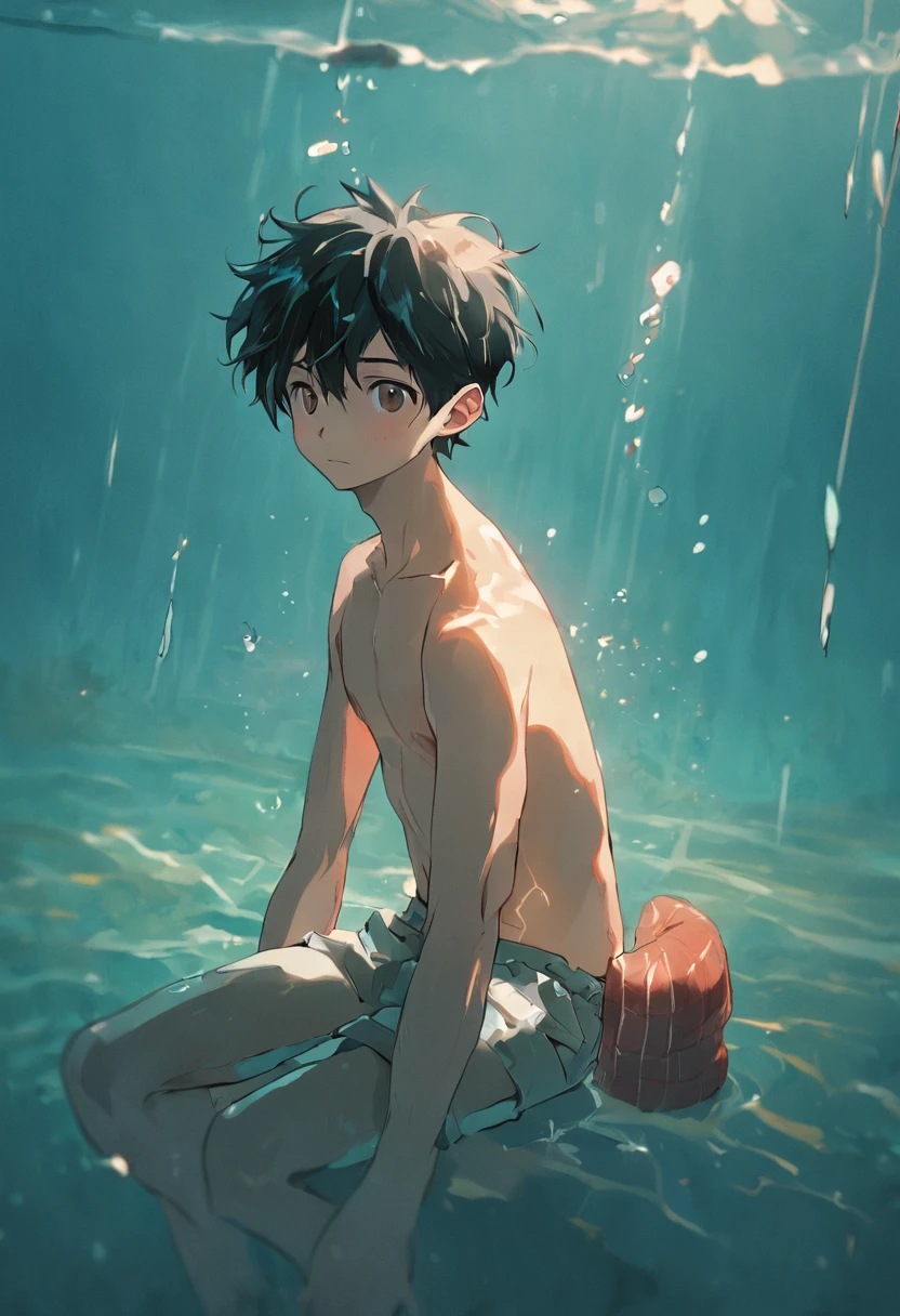 Boy teenager sitting in the water，Shirtless，with fair skin，ssmile，Diving tools