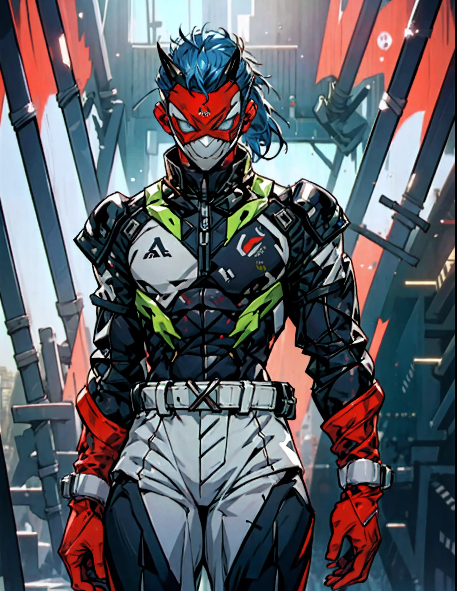 A man with blue hair, tied up in a short ponytail, he wears a mask resembling a falcon, dressed in a two-piece outfit consisting of a tight-fitting shirt and a jacket, he wears matching pants that coordinate with his attire, standing tall and upright with precision, this character embodies a finely crafted futuristic-style masked warrior design in anime, characterized by a sophisticated and mature manga art style, ((character concept art)), high definition, best quality, ultra-detailed, extremely delicate, anatomically correct, symmetrical face, extremely detailed eyes and face, high quality eyes, creativity, RAW photo, UHD, 16k, (Natural light, cinematic lighting, masterpiece:1.5)