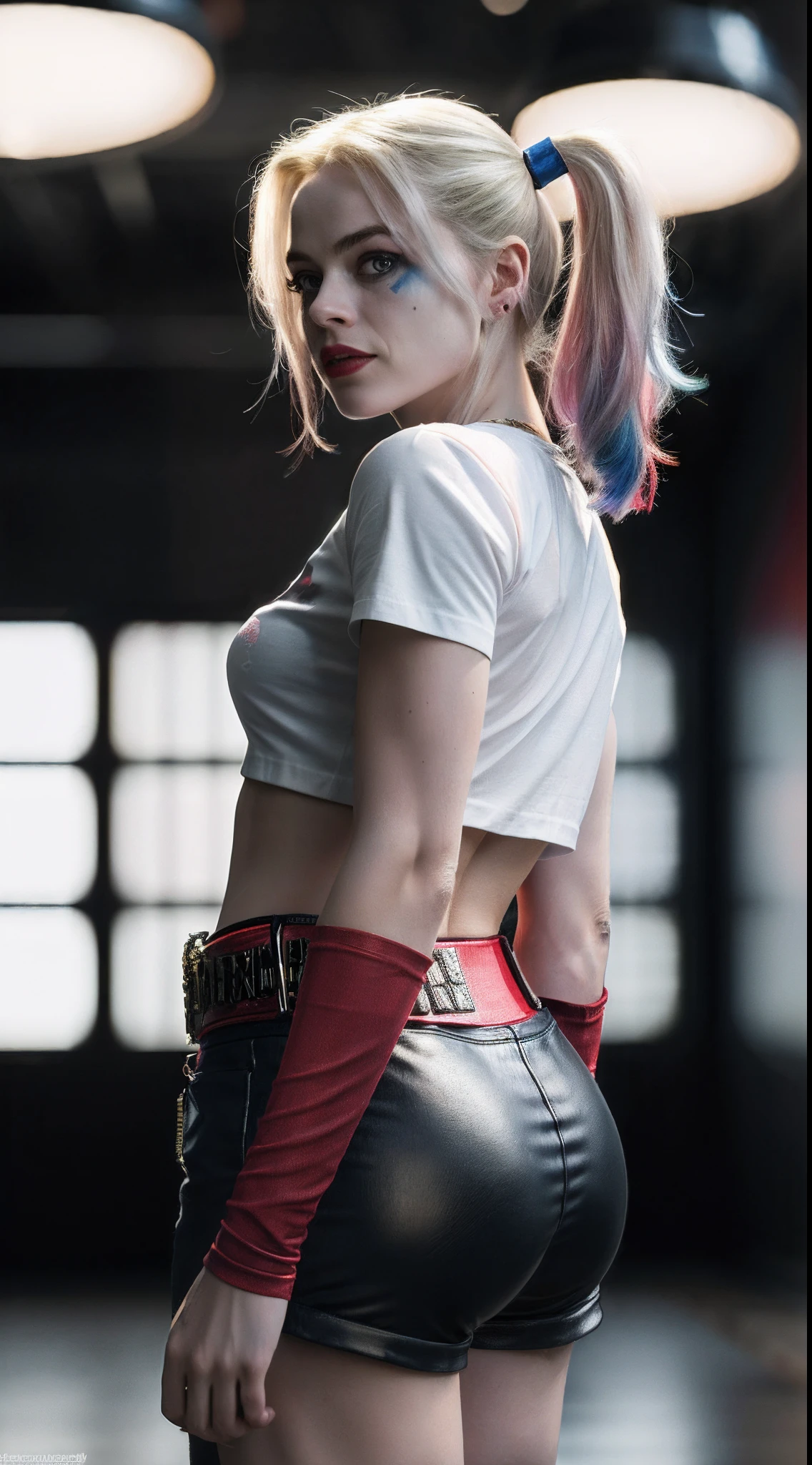 (8k, RAW photo, best quality, masterpiece:1.2), ultra detailed, official art, full-body shot, shot from behind, photo-realistic:1.37, petite, nipple visible through shirt, DC Harley Quinn, film grain, Dynamic pose, large chested, shot focused on her chest