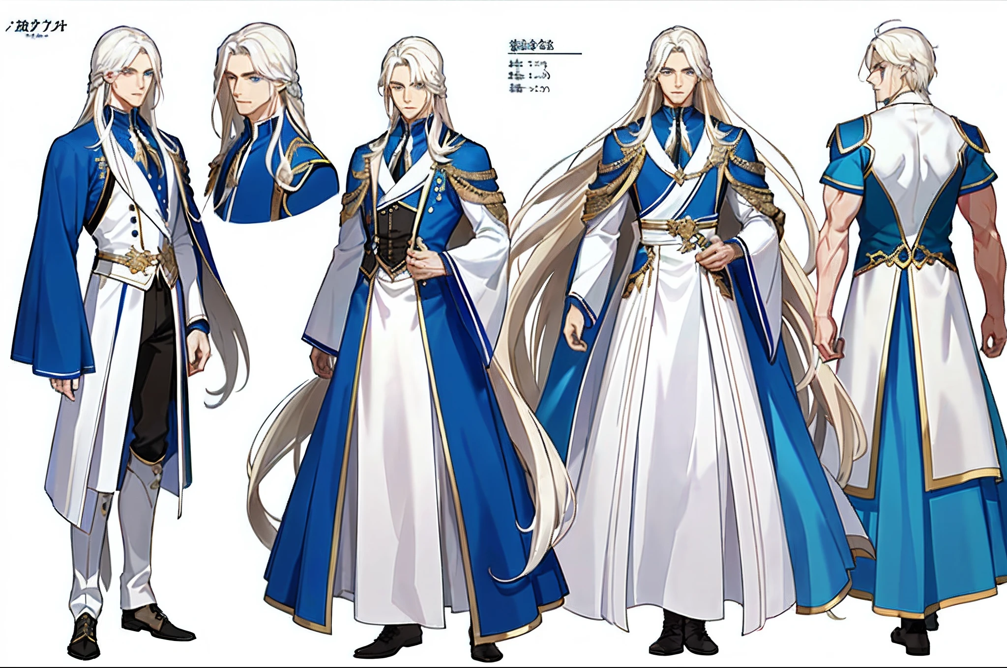 ((masterpiece)),(((best quality))),((character design sheet,same character,front,side,back)),illustration,1 male,long white hair, perfect eyes,beautiful eyes,environment Scene change, abs, ice fantasy outfit, pose too, male long white hair,  1boy, single, asian boy, hansome face, 1.85 tall, shaved, gods greek outfit, muscle body, athletic body. (Blue perfect eyes), (long hair), (long bangs), (blonde hair), (pale skin), background simple  (simple background, white background: 1.3)