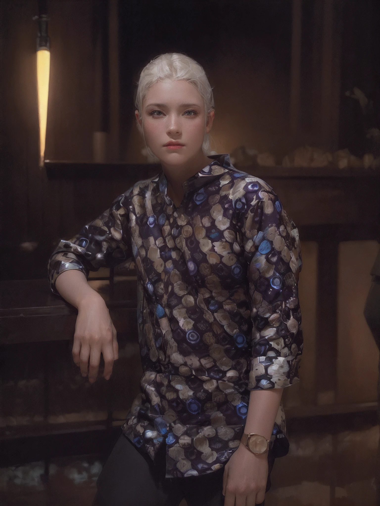(front focus),(in the dark:1.6),
Hyperrealist portrait of female by david hockney and alphonse mucha,fantasy art, photo realistic, dynamic lighting, artstation, poster, volumetric lighting, very detailed faces, 4 k, award winning,, 1girl, in the dark, deep shadow, low key,cowboy shot,(official clothing:1.4) ,long hair,white hair,