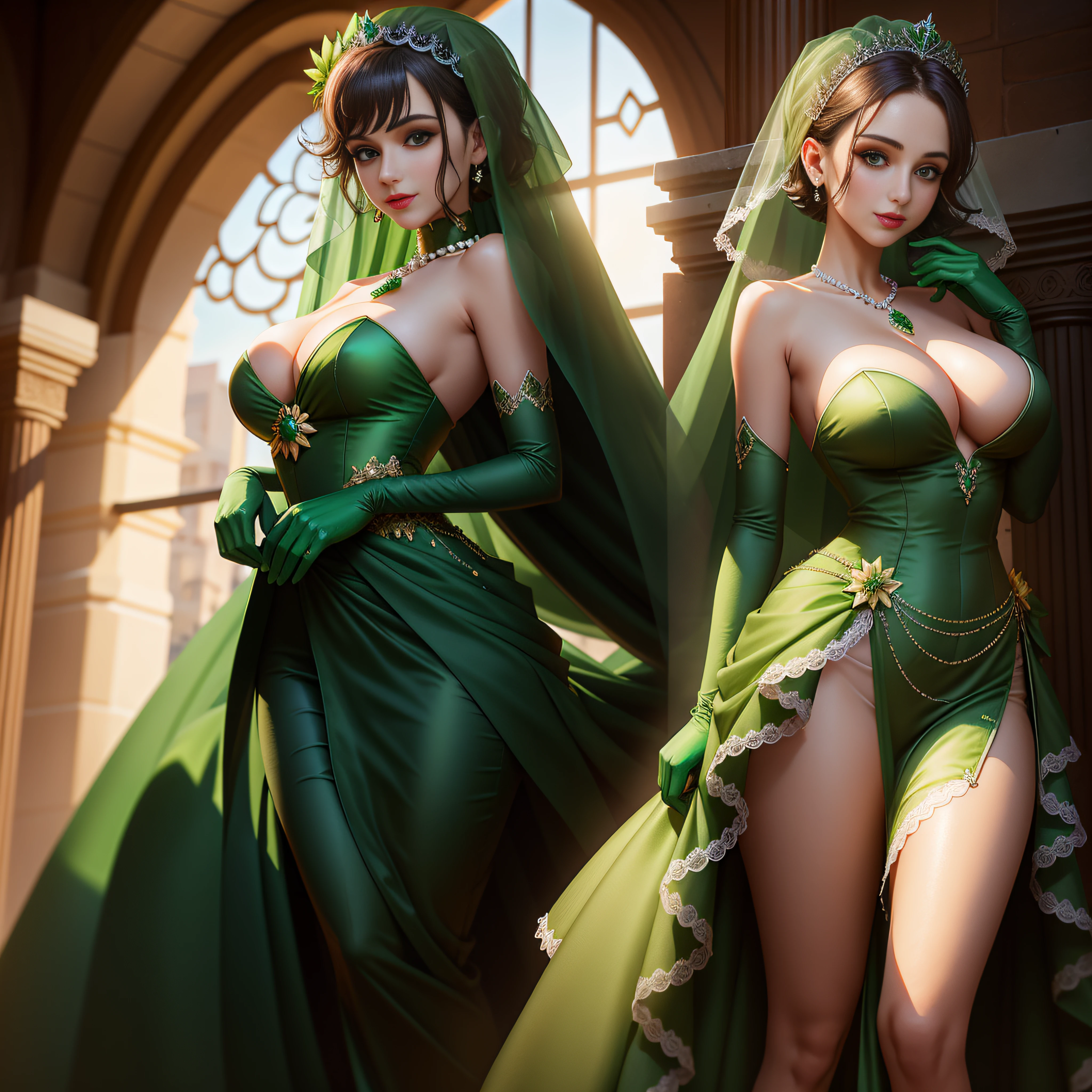 Green Dress Flower Cleanser,Sense of atmosphere, best qualtiy,tmasterpiece,1girll,30-years old,Green dress,Daytime Church,full body Esbian, Green gloves,With short green hair,big breasts beautiful,looking at viewert,ssmile,Green Bridal Veil,Green Long Grove,Satin green long gloves, lipsticks, Green Pearl Necklace、Green gloves, Green short hair, Green Pearl Necklace, Green tiara, Emerald tiara